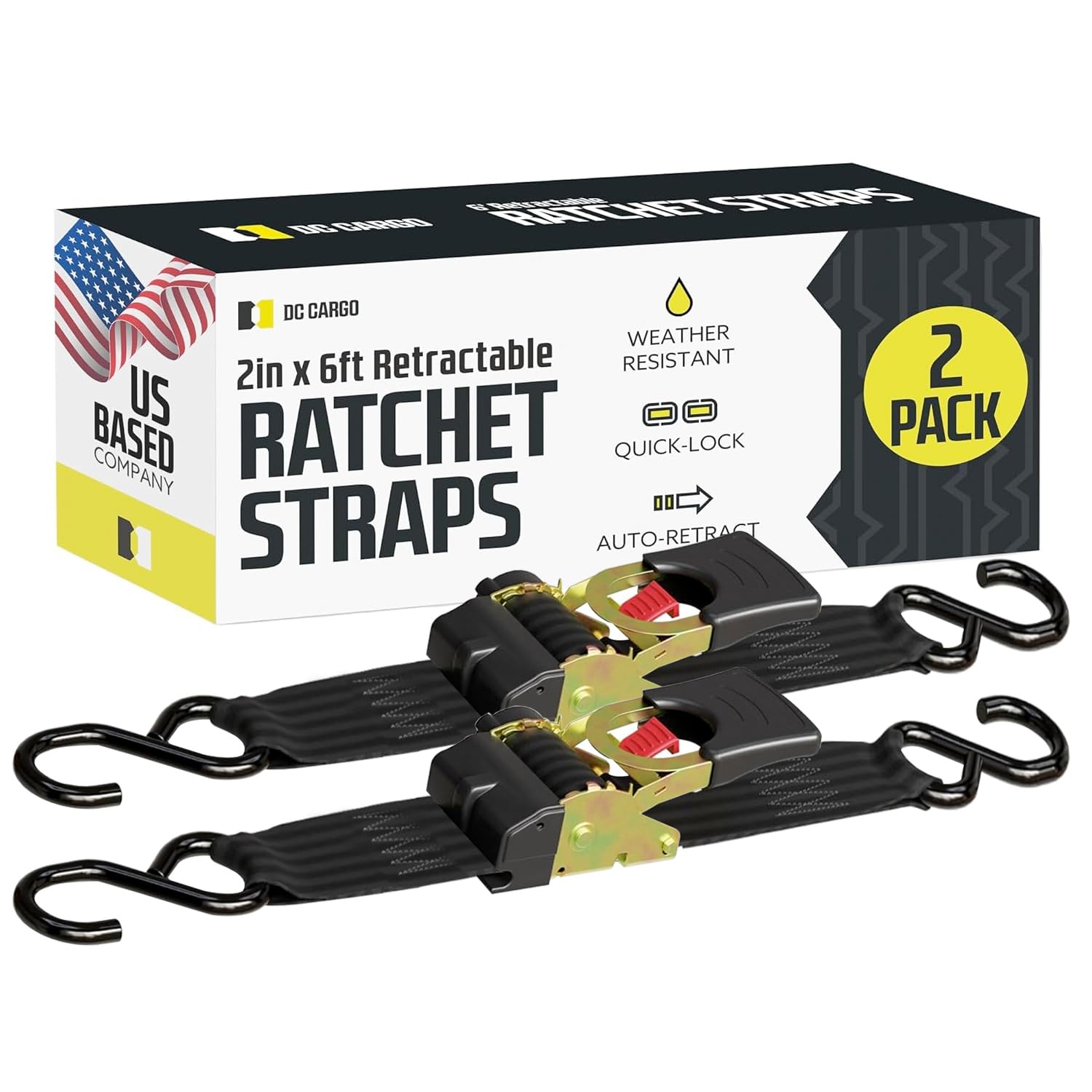 DC Cargo Mall Auto Retractable Ratchet Straps (2-Pack) 2” x 6ft, Super Heavy Duty, 4,033lb Break Strength – Tie Down Straps for Cargo, Truck, Trailer, Boats