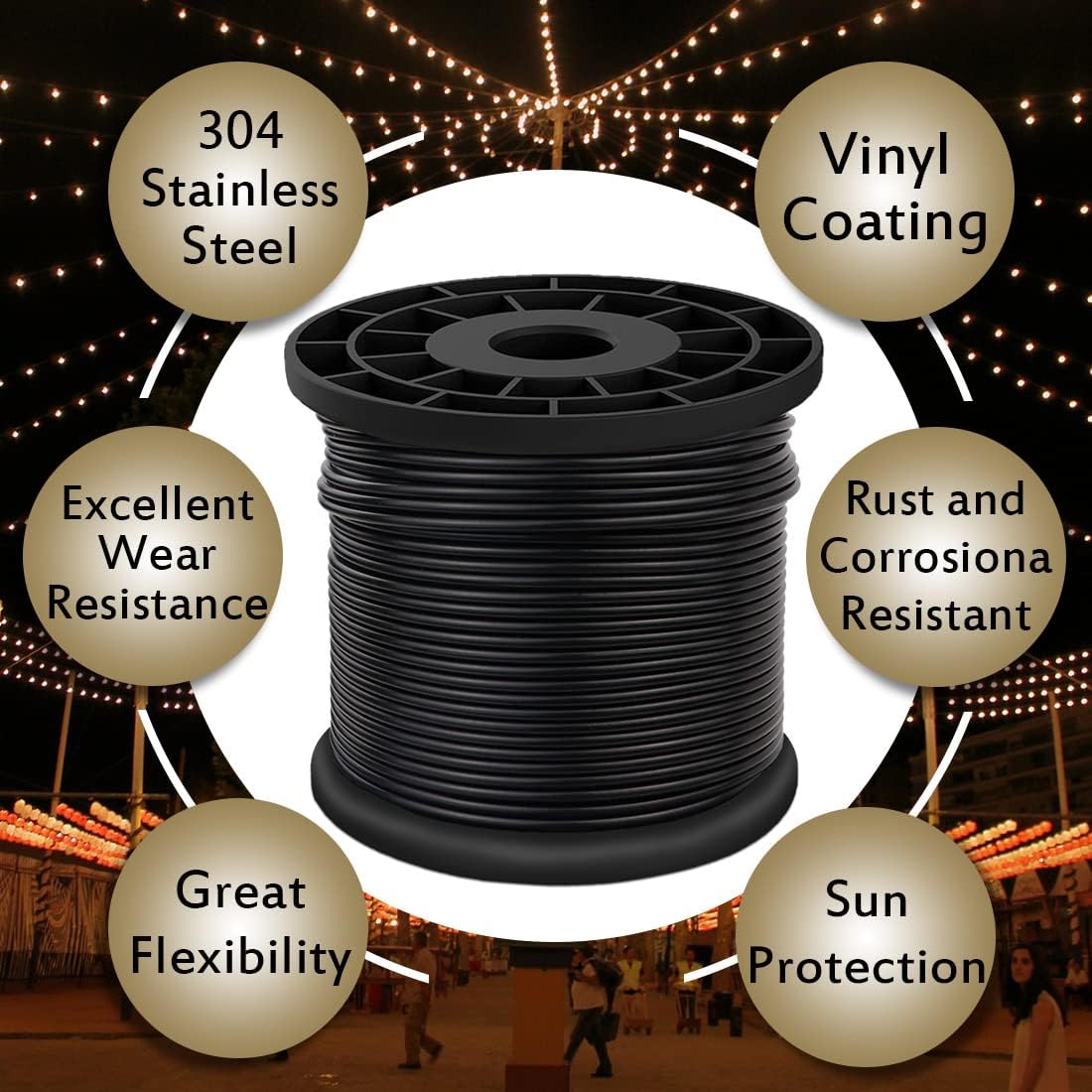 4mm Drahtseil Ummantelt,100m Edelstahl Stahlseil, mit PVC Beschichtung, 100 Crimphülsen für Bilder Outdoor Zaun Gardinen, Zaun, Wäscheleine,Schwarz