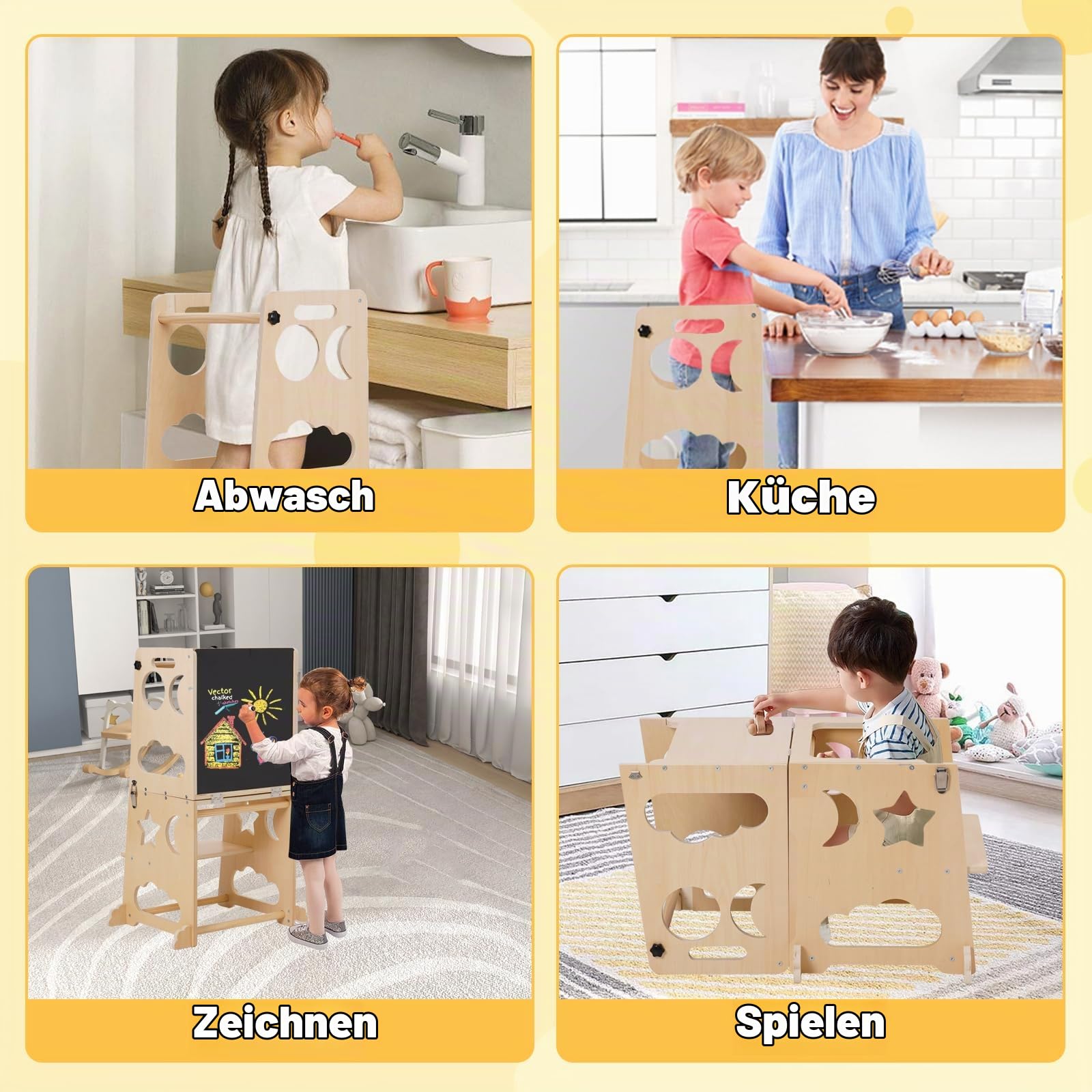 Montessori Lernturm für Kinder, 3 in 1 Learning Tower für Kinder Lernturm Klappbar Tritthocker mit Tafel, Küchenhocker-Helfer für Kinder, für Küchentisch und Badezimmer