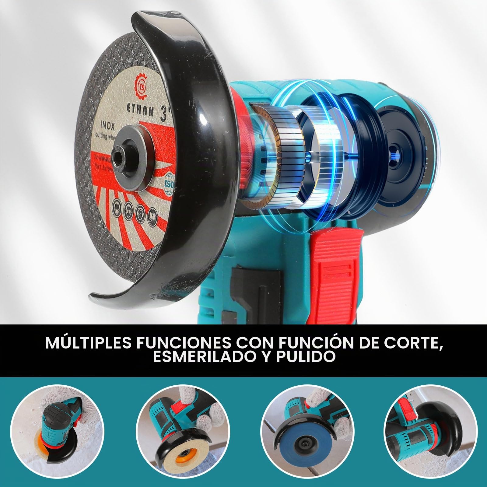 Mini amoladora angular inalámbrica 19.500 RPM,disco 76 mm, 12 V disco inalámbrico con 2 baterías 2000 mAh,17 discos de corte para molienda, pulido, corte (blue)