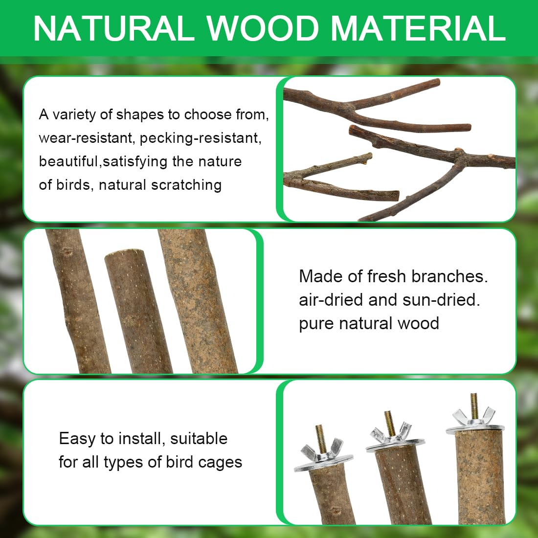 VGECEE 8 Pcs Perchas Naturales para Pajaros Perchas de Madera Naturales Tornillos Para Hacer Perchas Naturales para Jaulas Soporte de Percha Para Pájaros Para Ninfas Periquitos Agapornis Con Arandelas — view 3