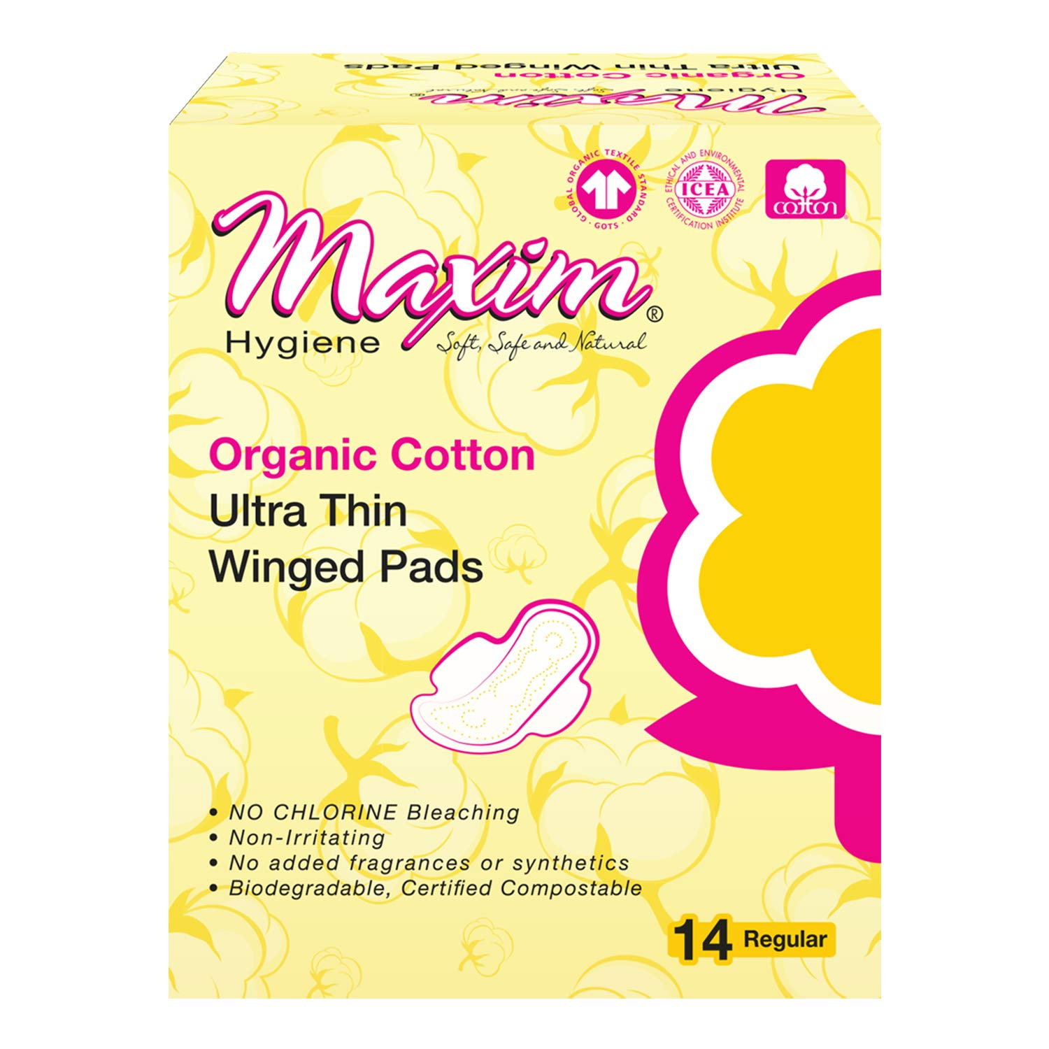 Maxim® 100% Certified Organic Cotton Ultra Thin Winged Pads, Unscented, Reg/Daytime Absorbency, with Leak Control Channels, Feminine Care Sanitary Napkins, 14 Count, 1 Pack