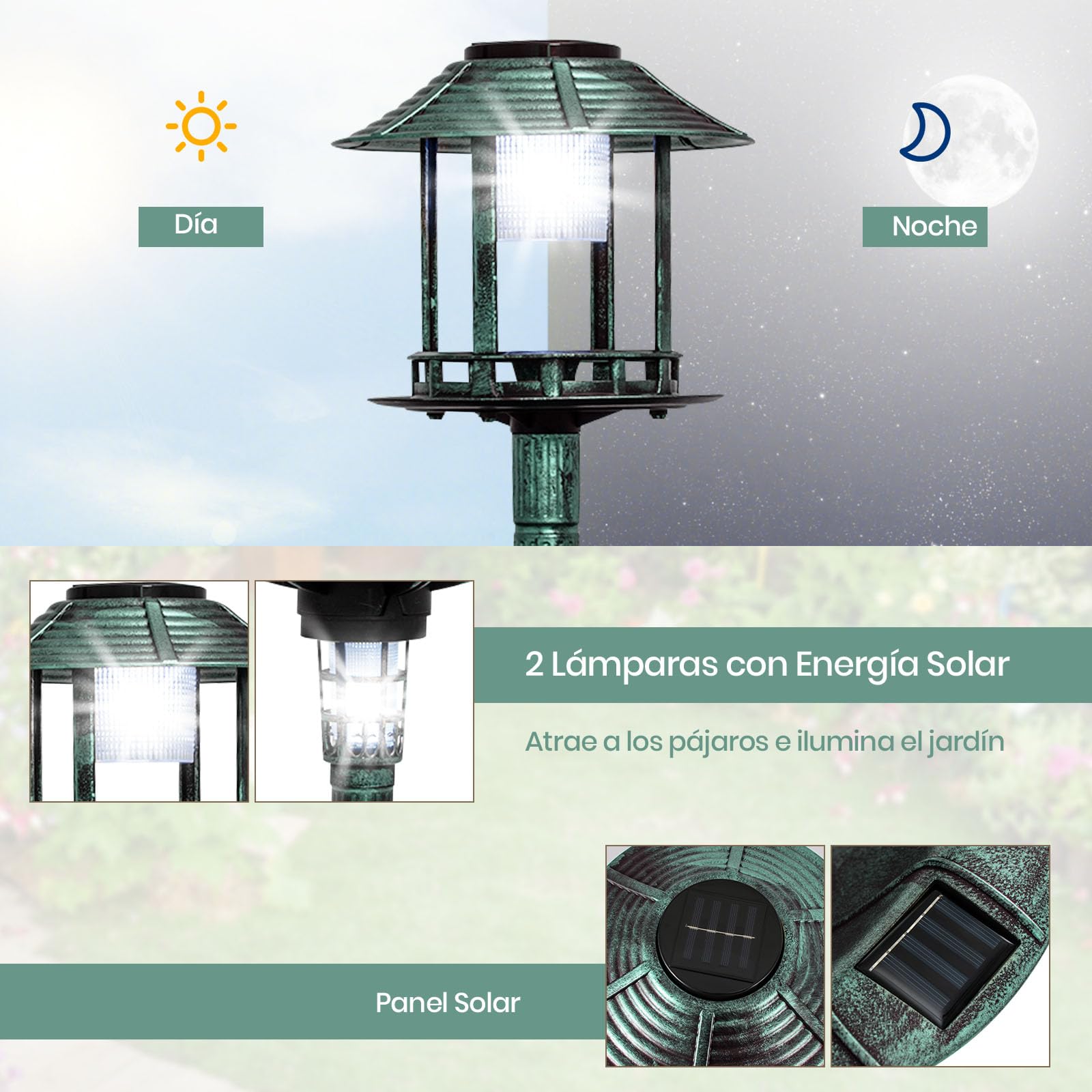 GYMAX Comedero y Baño para Pájaros Exterior, Bebedero Pajaros con 2 Lámparas Alimentadas por Energía Solar, Macetero de Flores, Soporte Rellenable, Bañeras para Decorativas de Jardín y Bosque