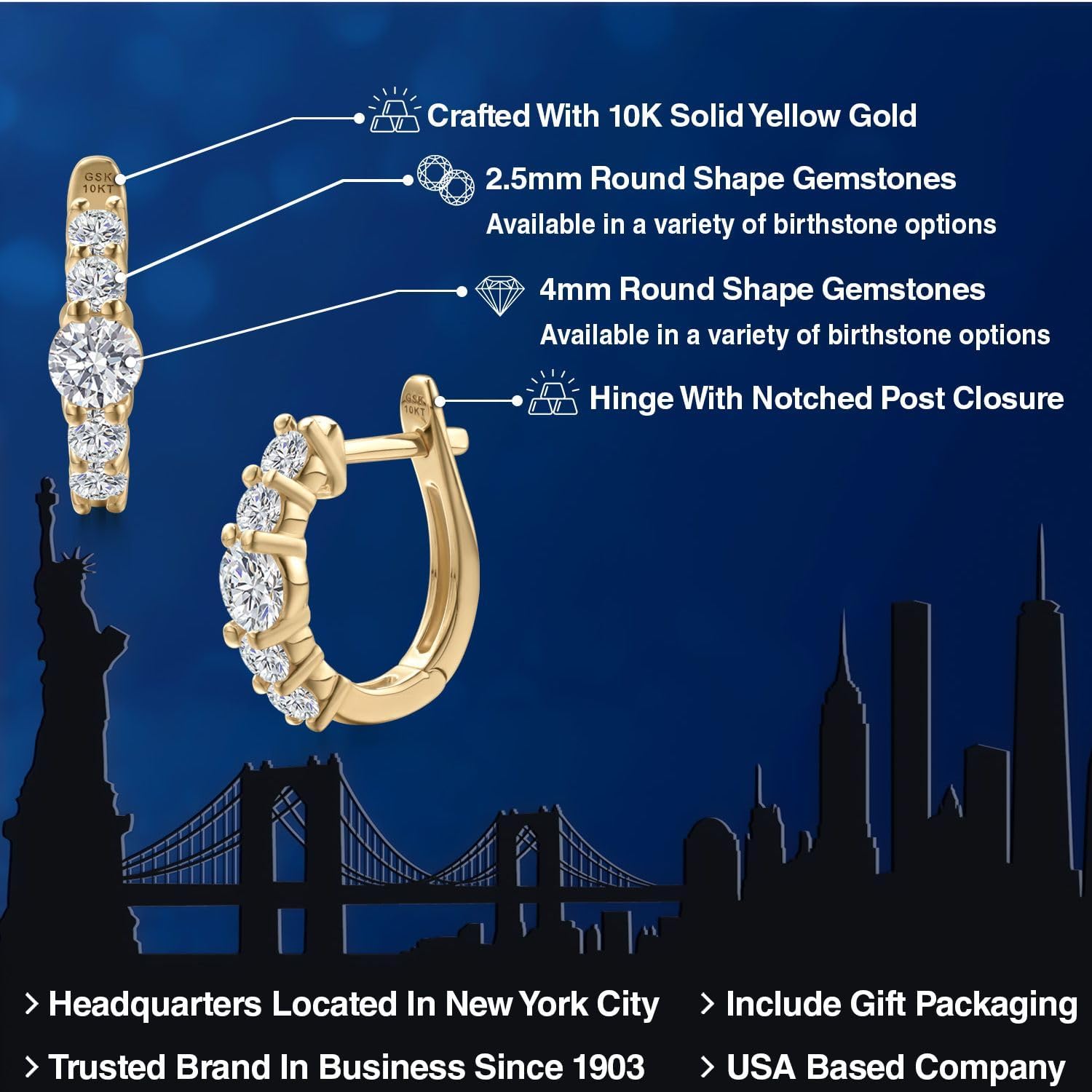 Gem Stone King 10K Yellow Gold Lab Grown Diamond Hoop Earrings for Women | 1.06 Cttw | Gemstone April Birthstone | DEF Color | VVS-VS Clarity | Round 4MM and 2.5MM