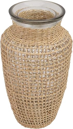 DOITOOL Florero de cristal con cubierta de ratán, florero pequeño de 8.5 pulgadas de altura, florero natural para centros de mesa, decoración del