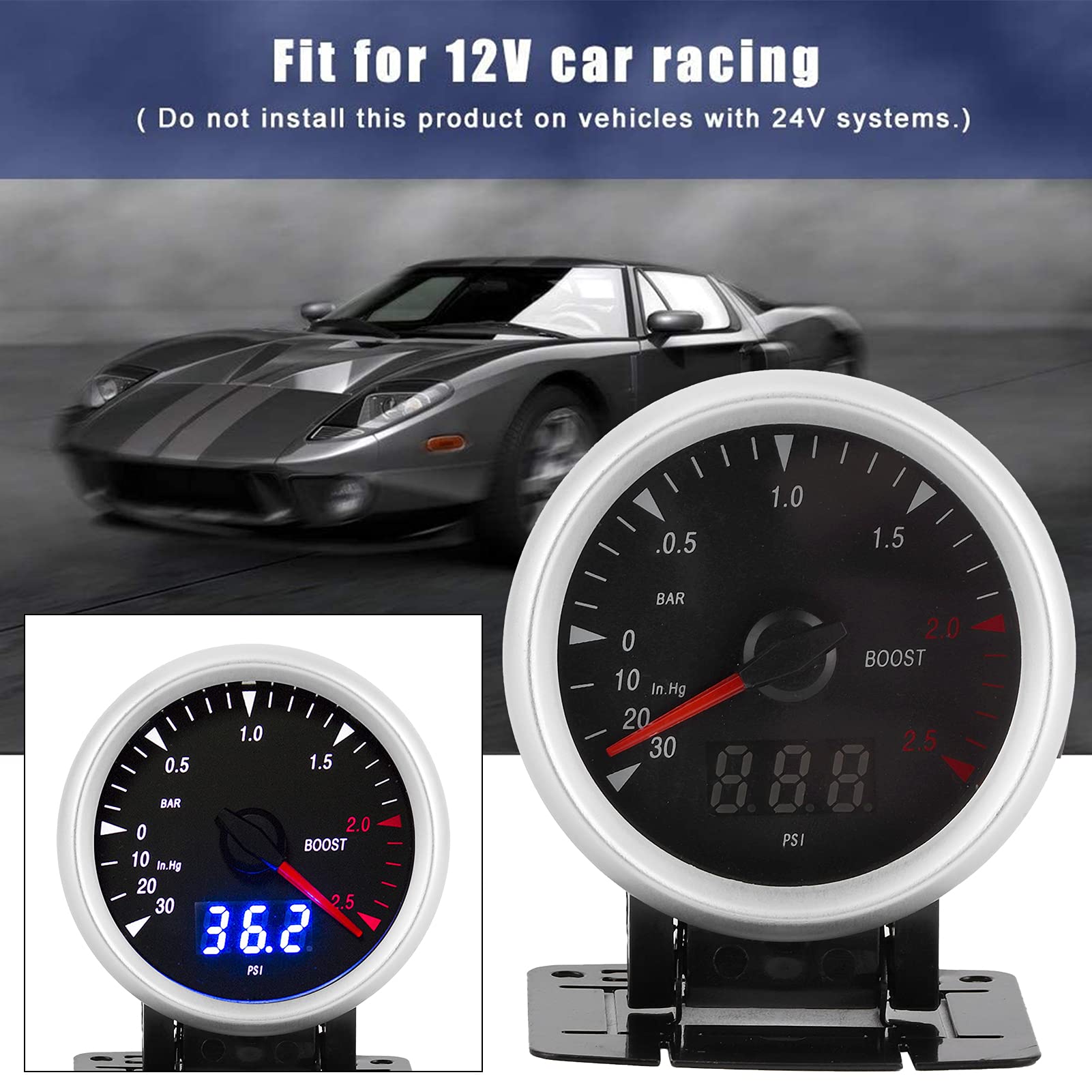 60 Mm 12 V Universal-LED-Auto-Turbo-Ladedruckanzeige, Professionelle Turbo-Druckanzeige für die Meisten 12-Volt-Fahrzeuge, Kunststoffmaterial