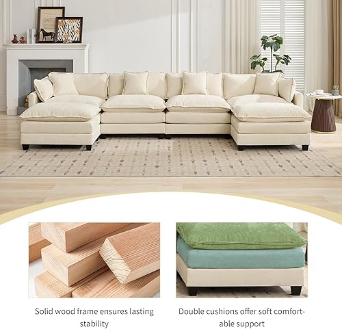 Miniatura 6 de Sofá seccional modular beige de 111.5", sofás seccionales grandes de 3 plazas para sala de estar, tela de chenilla marfil blanquecino, sofá nube de