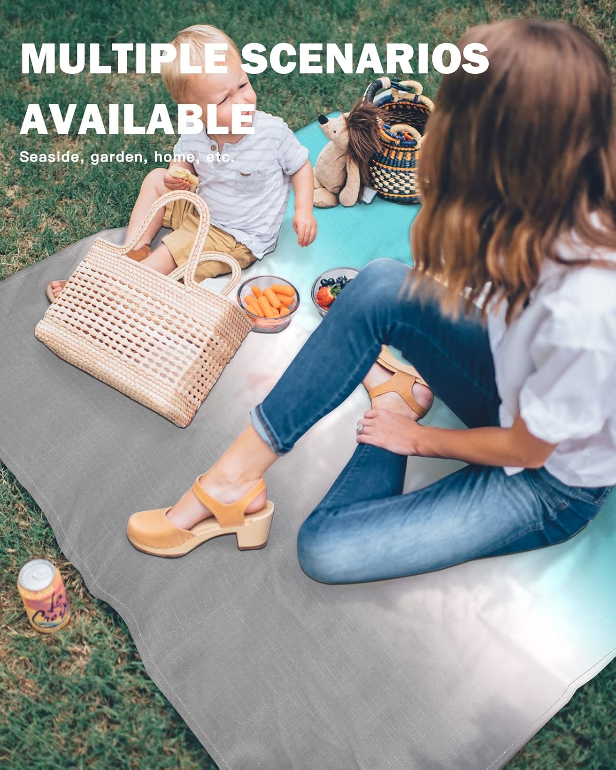 Teal White Gray Ombre Color Beach Blanket Waterproof Sandproof Outdoor Picnic Mat 118"x108" Modern Gradient Art Lightweight Large Beaach Blankets with 4 Stake & 4 Corner Pockets