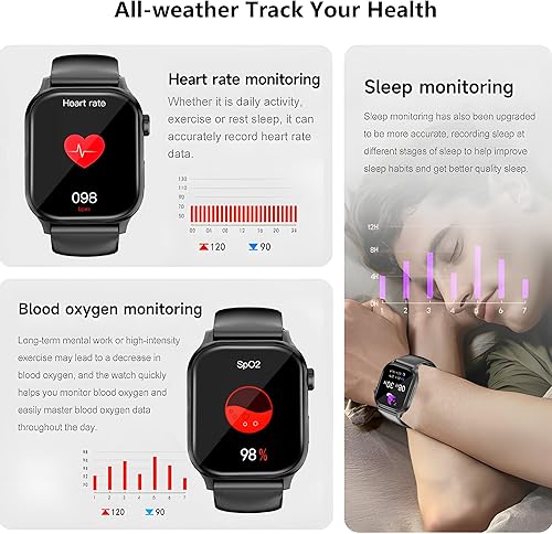 Miniatura 4 de Reloj inteligente negro para hombresmujeres, rastreador de fitness de 1.85 pulgadas con monitor de frecuencia cardíacalinterna, IP67 impermeable,