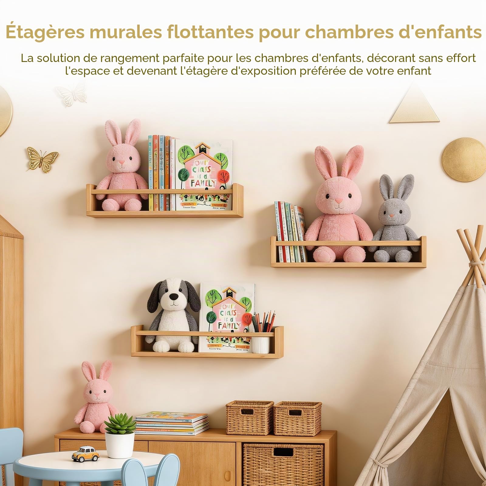 Étagère Murale pour Enfant, Lot de 3 Etagere Murale Livre Chambre Enfant étagères flottantes murales pour Organiser des Livres et des Jouets pour Chambre à Coucher, Salon, d'enfant