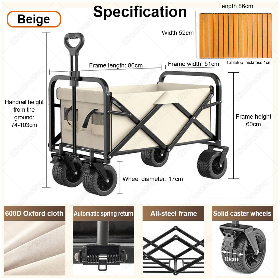 Carrello pieghevole da campeggio con manico regolabile, ruote da 10 cm e doppio sistema frenante per spiaggia, giardino, picnic, shopping e trasporto bagagli