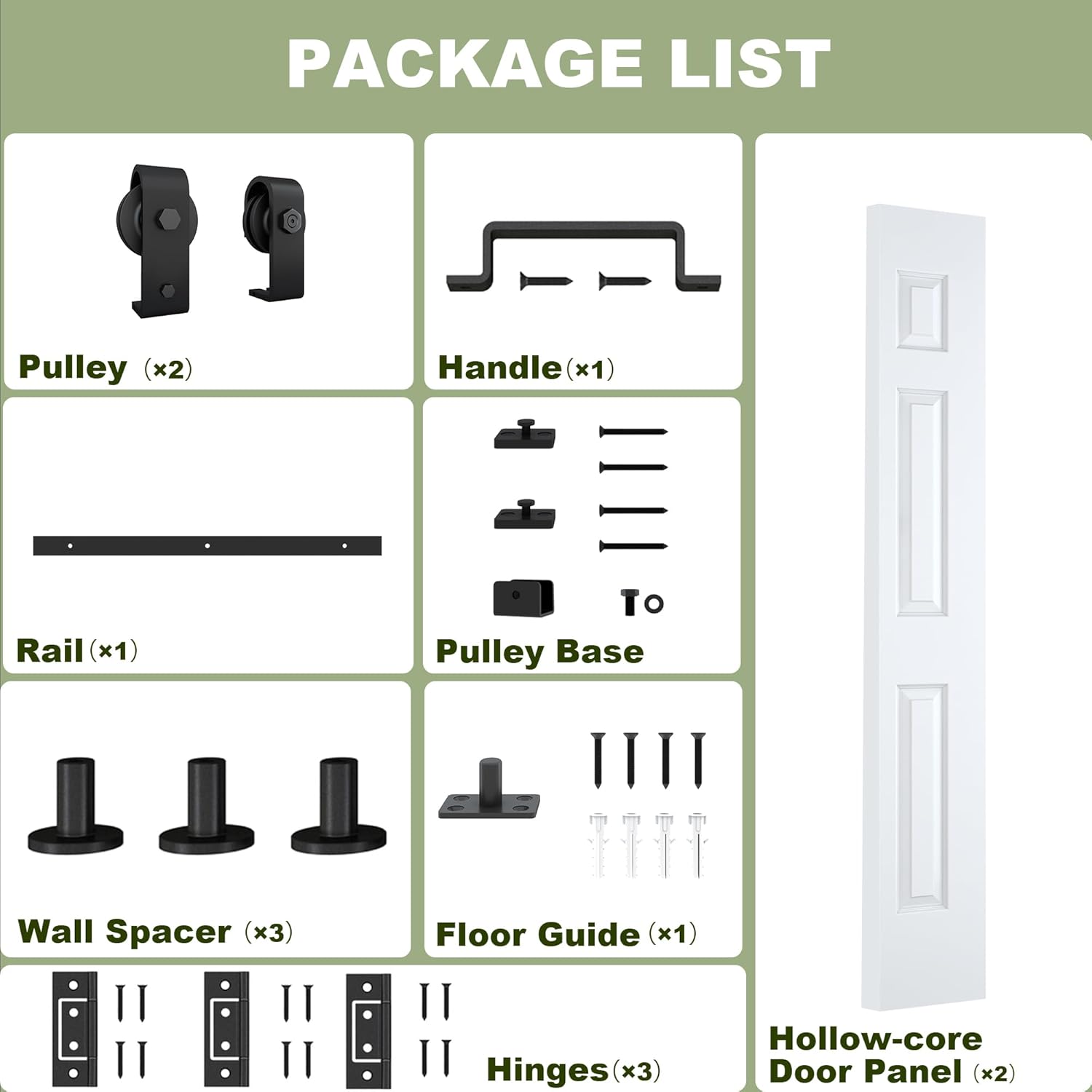 Diagram showing all components included in the JUBEST Bifold Barn Door package: Pulley (x2), Handle (x1), Rail (x1), Pulley Base, Wall Spacer (x3), Floor Guide (x1), Hinges (x3), and Hollow-core Door Panel (x2).