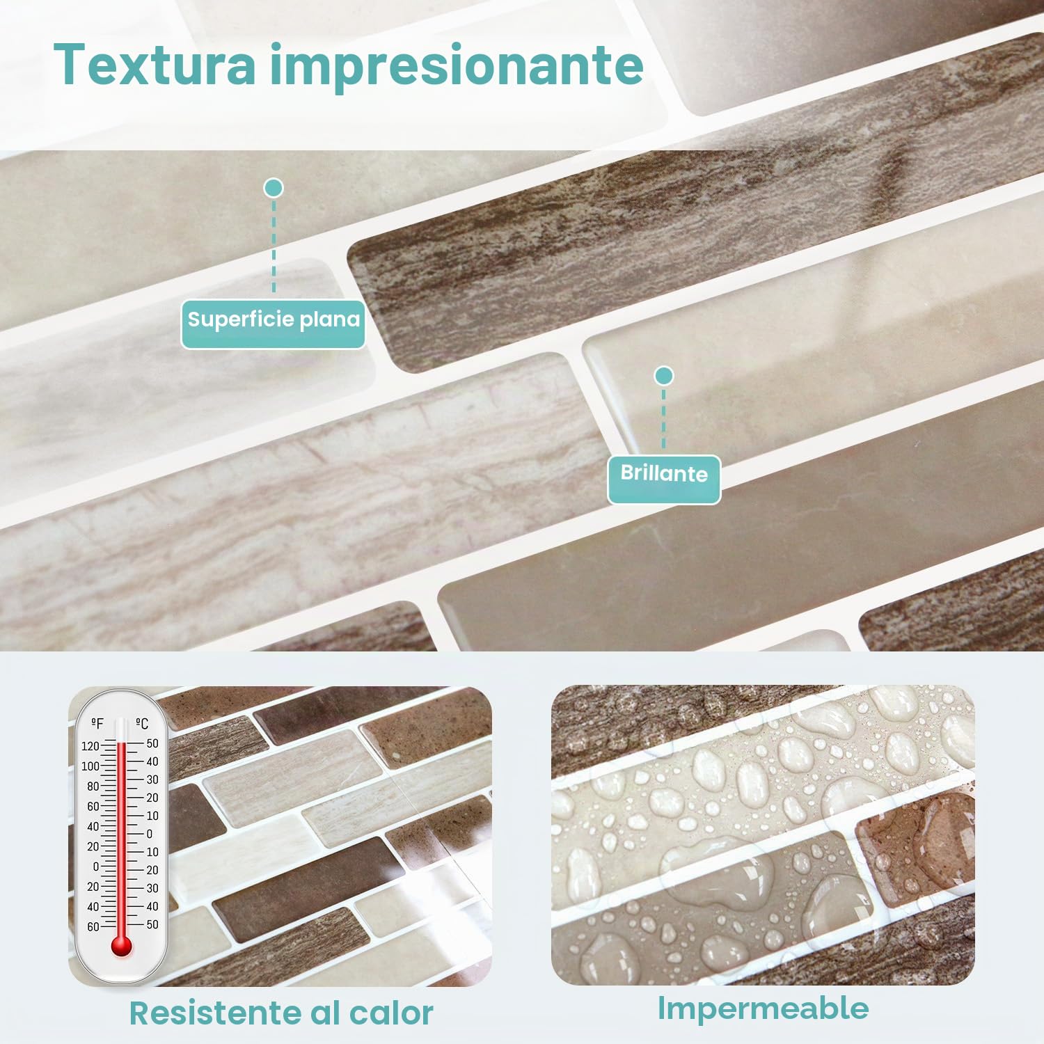 Commomy 12 Piezas Azulejos Adhesivos Cocina Baño, 15 x 30 cm, Pegatinas de Baldosas Adhesivas Pared Autoadhesivos, Mármol Marrón, Impermeables, para Salpicaderos Decoración de Interiores