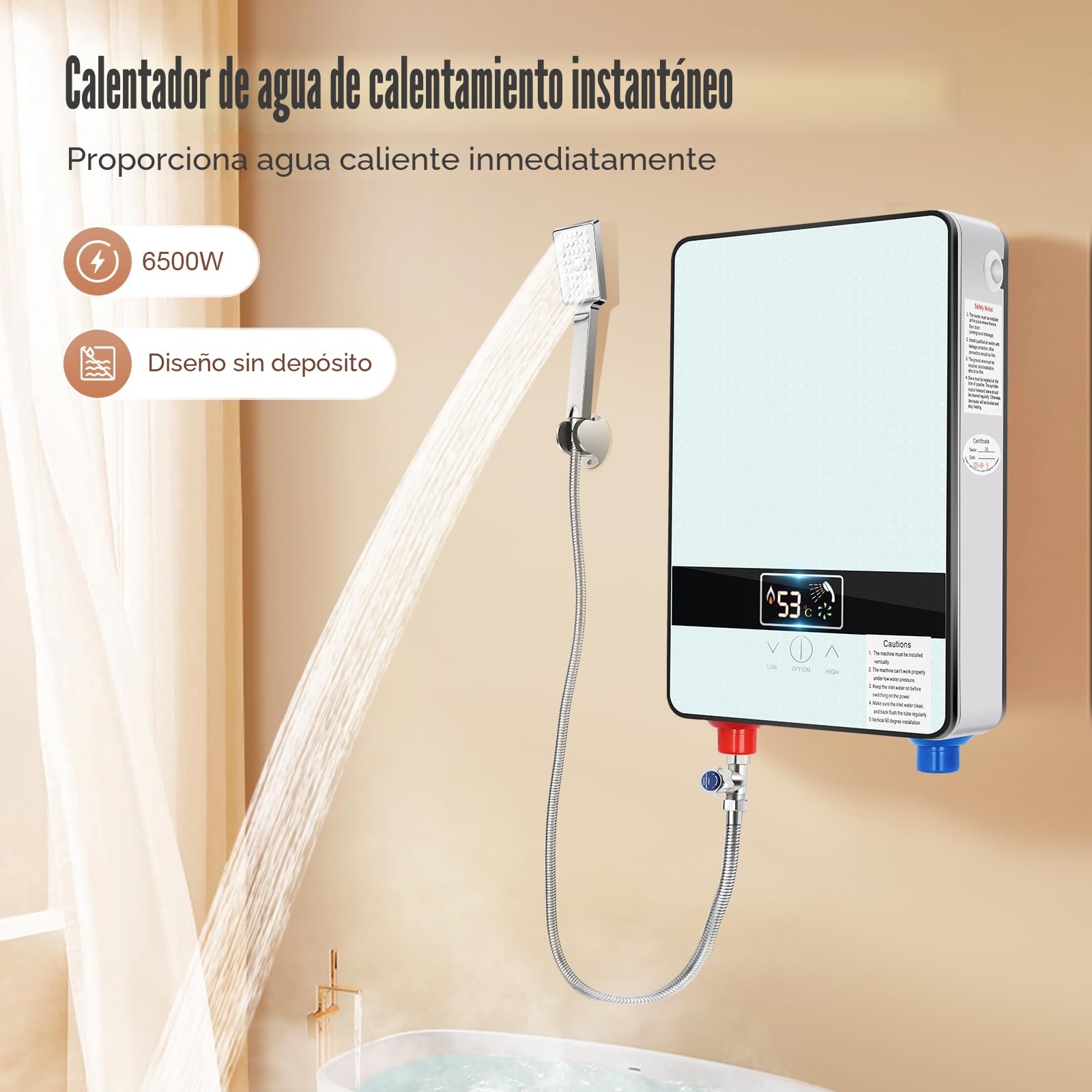Calentador de agua instantáneo Ducha, Calentador de agua eléctrico sin tanque, 6500W Agua Caliente Instantánea Baño Ducha, Baño Calentador de Agua Eléctrico 0-55℃, 29 × 19 × 6.5cm