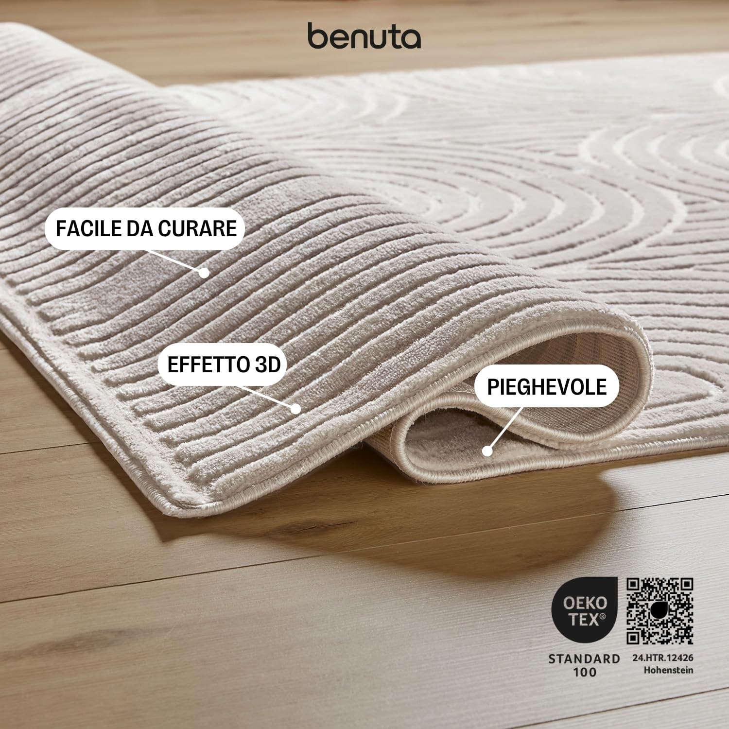 benuta Basic Tappeto salotto Claire - Crema 160x230 cm - Salotto Minimalista stile retrò geometrico - Manutenzione semplice - Compatibile con pavimento riscaldato