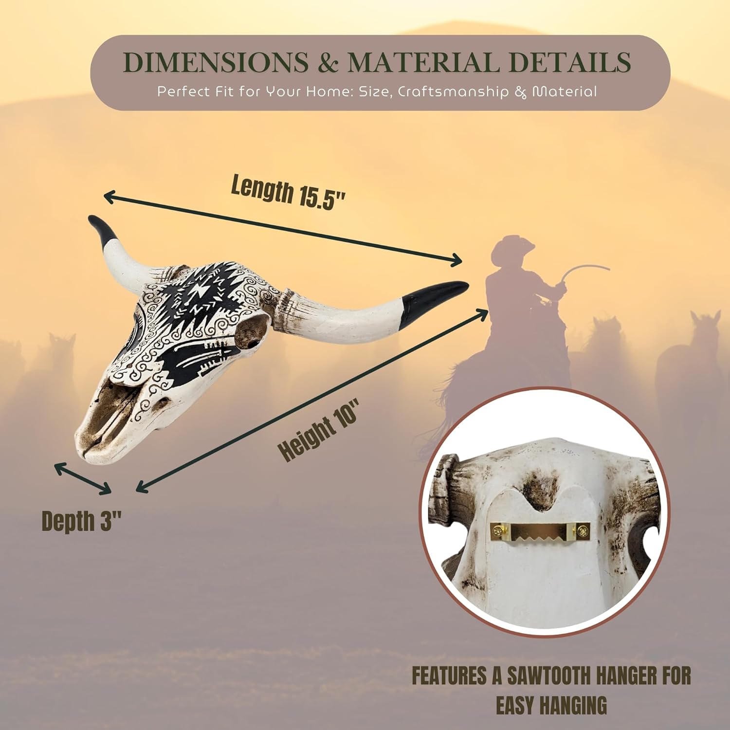 BestGiftEver Faux Bull Skull Wall Decor with Tribal Pattern – Rustic Western Steer or Bison Skull Wall Art Sculpture – Southwestern Boho Farmhouse Resin Decor for Home, Cabin, or Office