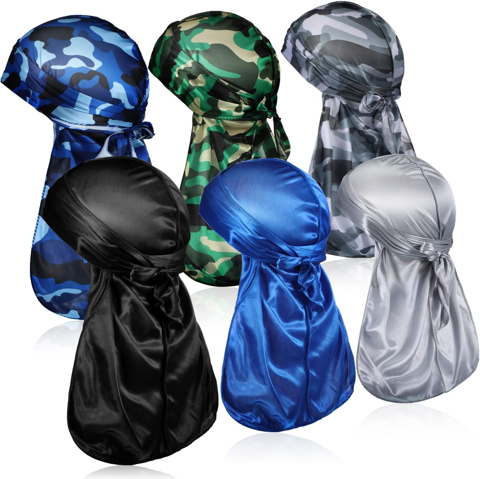 6pcs Silky Durag with Long Tail and Wide Straps Colorful 360 Waves Doo Rags Durag Du Rag Cap for Men and Women Hip Hop Rapper (Camouflage, Solid)