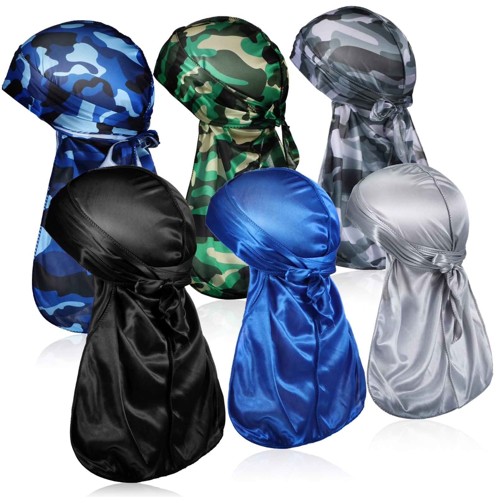 Tarpop 6 Pcs Camo Durags for Men Silky Camouflage Cap with Long Tail, Solid Wide Straps Long Tail Design, Hip Hop Wave Cap for Rapper Style, Bow Wow Headwrap, Silky Satin Material Hair Care