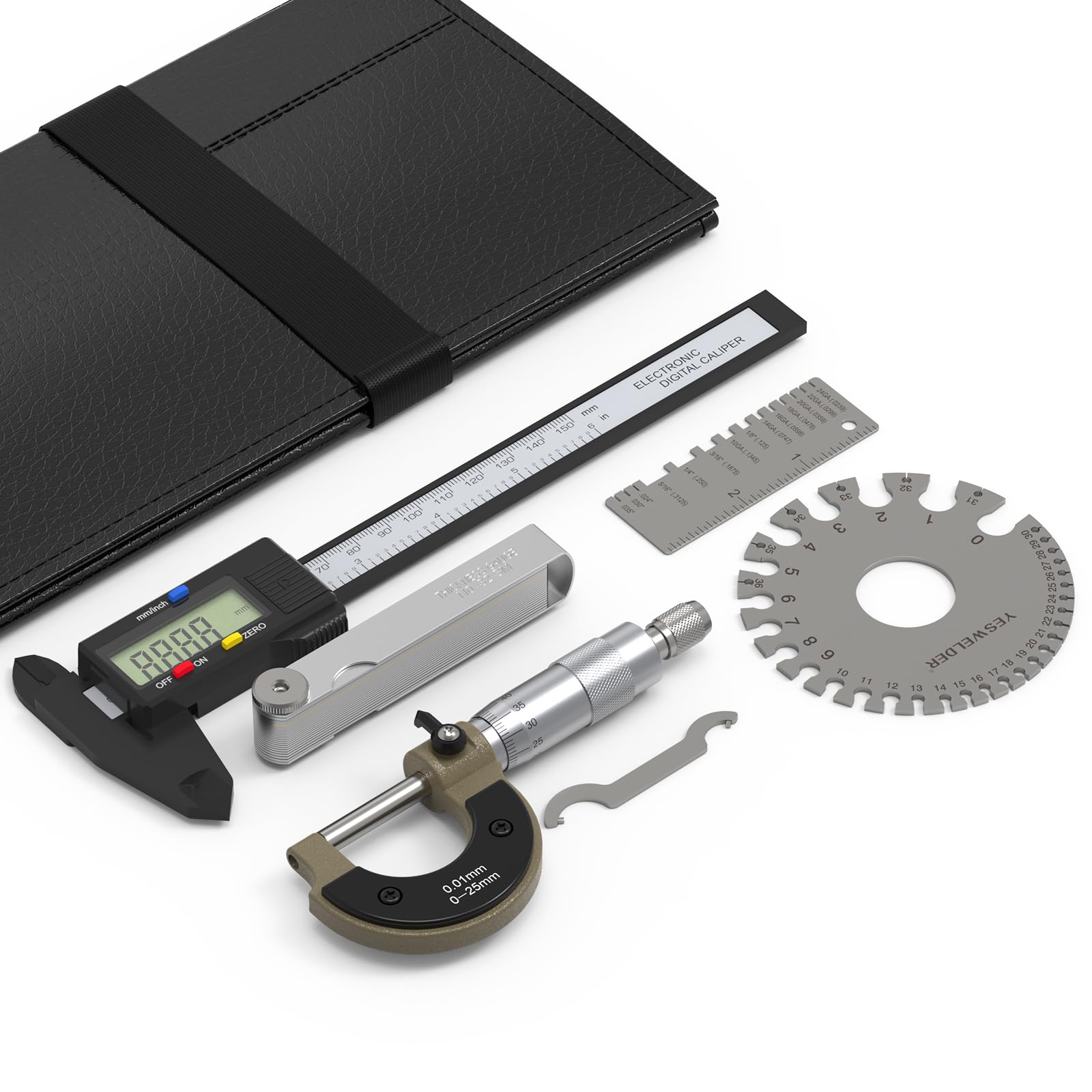 YESWELDER Kit d'outils de mesure de soudage, 4 outils d'inspection de soudure en acier inoxydable, y compris LG-03, pied à coulisse numérique, micromètre extérieur et jauge d'épaisseur