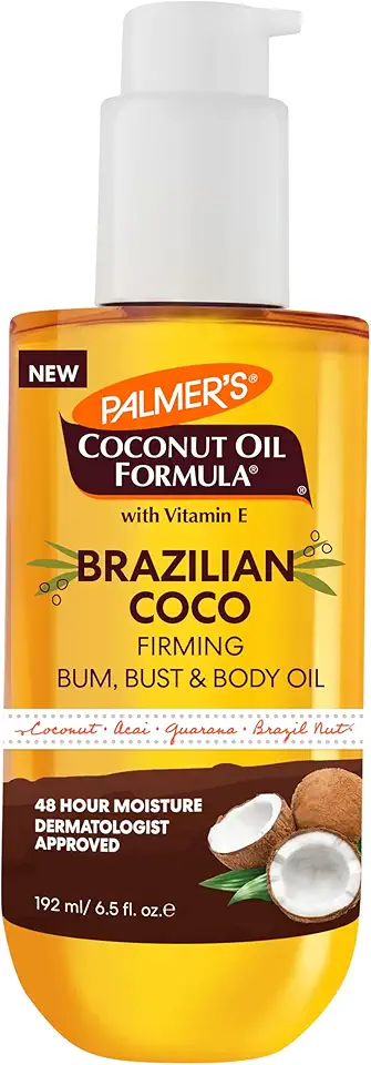 Palmer's Coconut Oil Formula Brazilian Coco Firming Body Oil with Vitamin E, 6.5 Fl Oz, Helps with Skin Tightening & Firming of Bum, Bust & Belly, Provides 48Hr Moisture, Dermatologist Approved