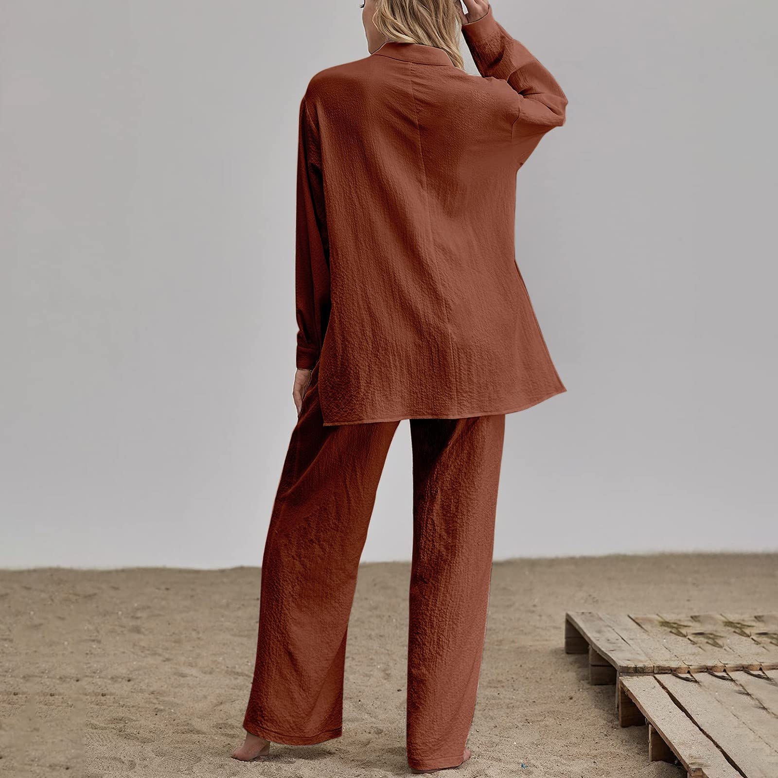 Traje de mujer elegante de 2 piezas, tallas grandes, traje de pantalón para mujer, festivo, elegante, de lino, blusas de lino, con botones, pantalones de lino, festivo, elegante, traje de verano,