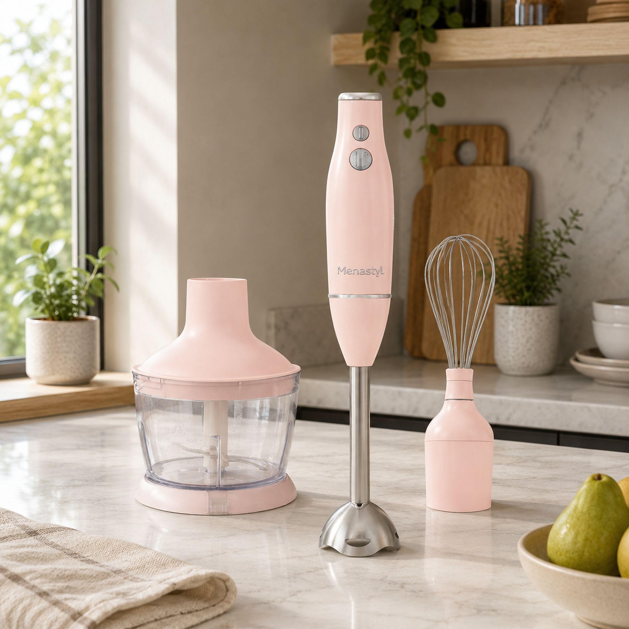 MENASTYL - Mixeur 3 en 1 Multifonction 600 W – Mixeur Plongeant/Blender, Mini Hachoir 500 ml et Fouet, 2 Vitesses, Lame en Acier Inoxydable, Bol 50 cl, Accessoires Amovibles – Rose - 6025098
