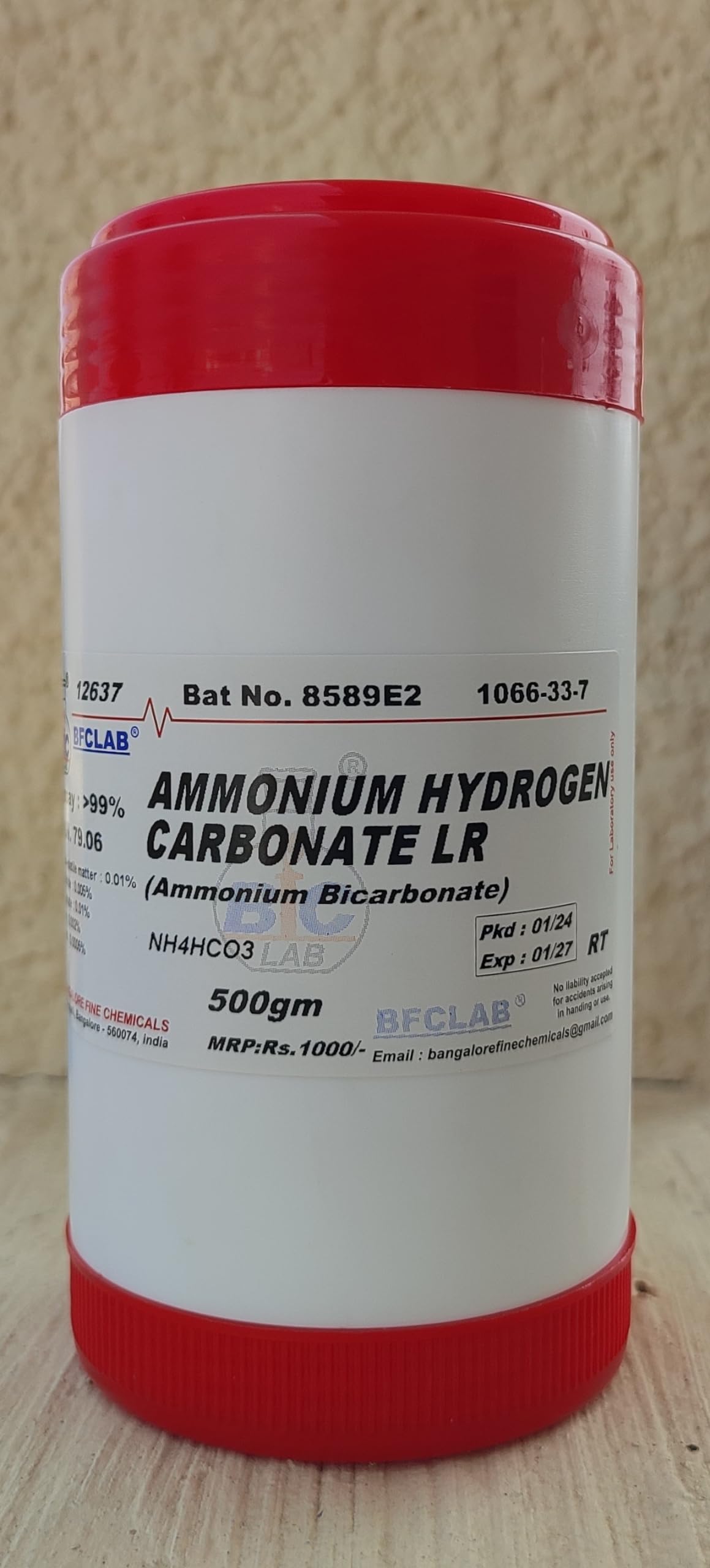 See full amazon price history chart for BFC AMMONIUM BICARBONATE LR - 500gm. (AMMONIUM HYDROGEN CARBONATE) (NH4HCO3) CAS No. 1066-33-7 BFC AMMONIUM BICARBONATE LR - 500gm. (AMMONIUM HYDROGEN CARBONATE) (NH4HCO3) CAS No. 1066-33-7 (B073S9T2W7) Amazon Price History, Amazon Price Tracker
