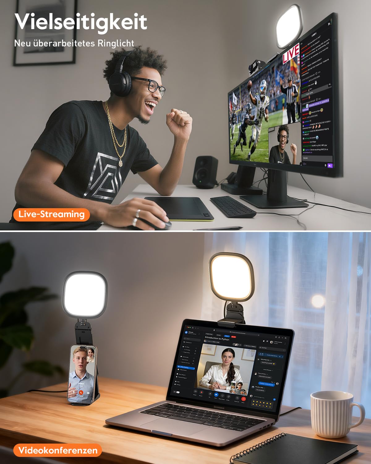 Anillo de luz LED para ordenador portátil, monitor – Cuidado de los ojos LED Webcam Luz con clip de seguridad de pantalla (negro 2 unidades)