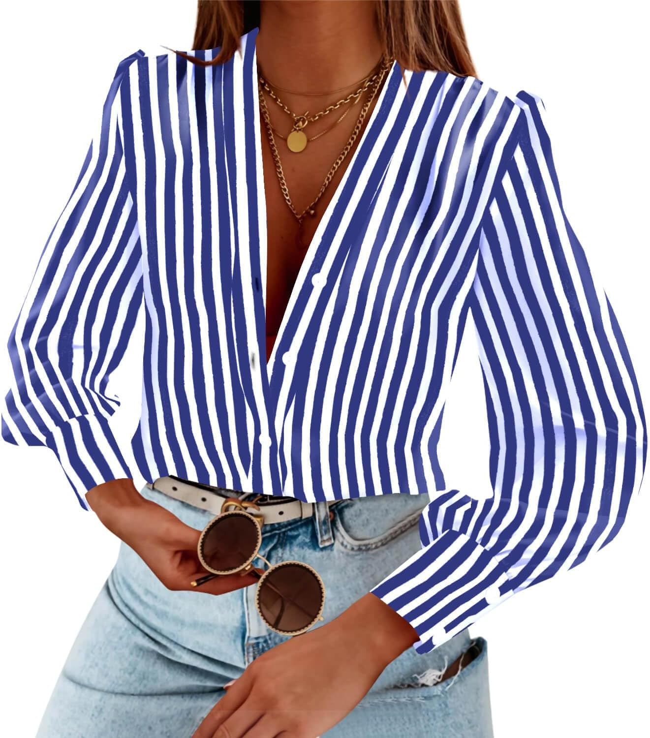 Women's Business Casual Tops Summer Long Sleeve Button Down Shirts V Neck Chiffon Blouses
