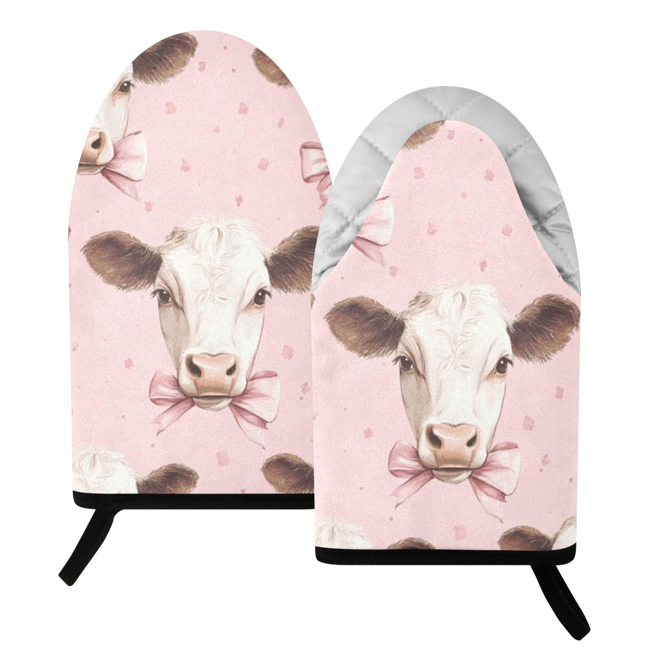 Fuauuyl Oven Mitts Heat Resistant Kitchen Gloves, Pink Cow Bow Classic Oven Gloves with Hanging Loop for Baking BBQ Cooking Grilling, 1 Pair, 9.5 in