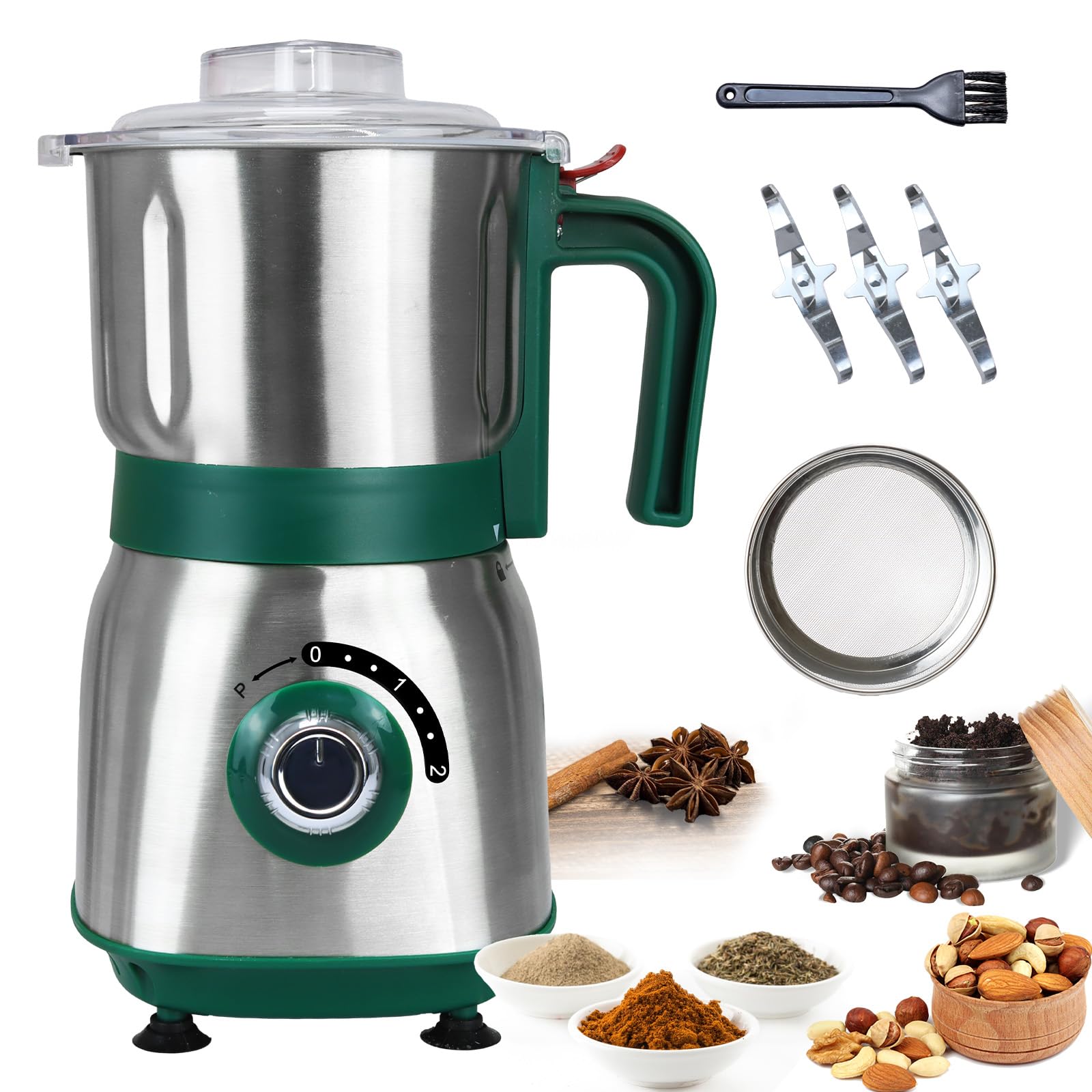 Photo 1 of Spice Grinder Electric,Herb Nut Grinder for Kitchen,Detachable Espresso Grinders with Stainless Steel Blades,Filter and Brush, 500w Dry and Wet Grain Mill for Coffee,Rice,Bean,Seasoning (Green-X)