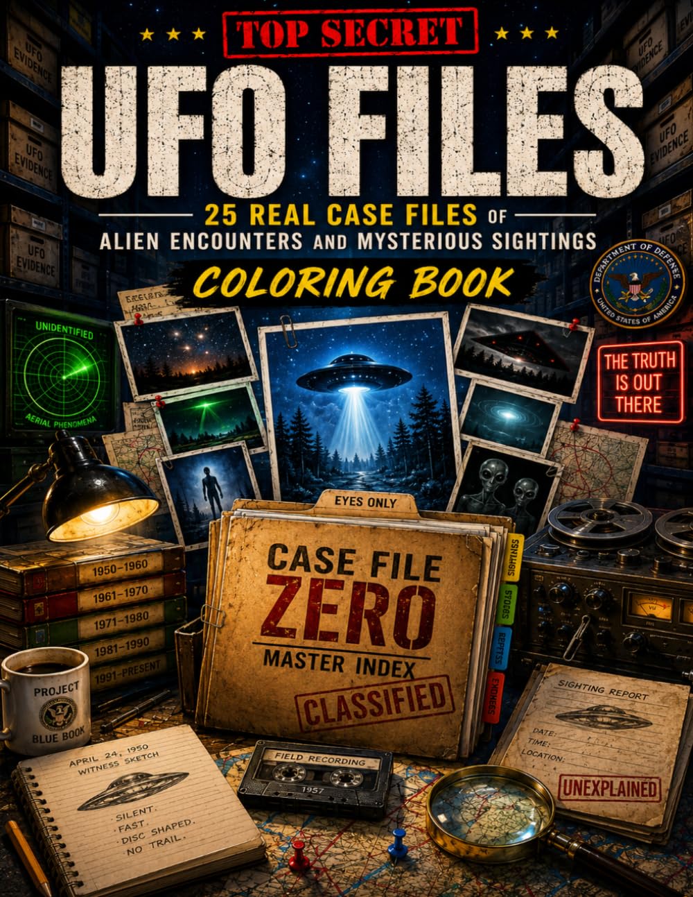 Declassified UFO Files Coloring Book: Mystery Case Files, Strange Sightings, and Government-Inspired UAP Encounters to Color