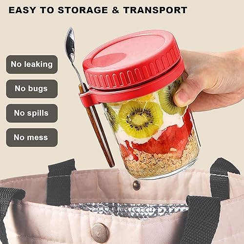 Miniatura 3 de Paquete de 4 recipientes de avena durante la noche con tapas y cuchara, tarros de vidrio de 16 onzas para avena durante la noche, contenedor de