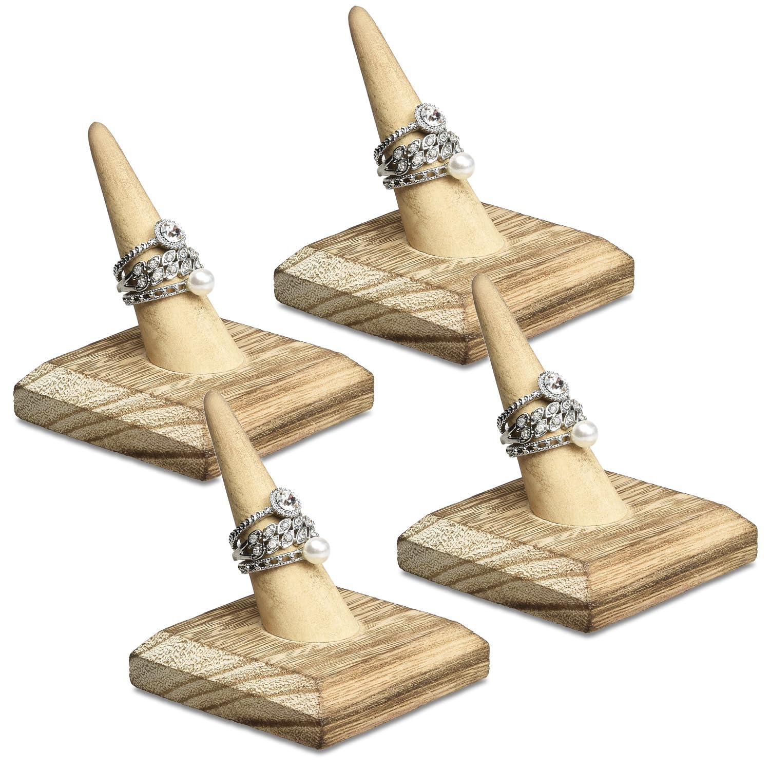 MOOCA 4-Piece Ring Display Stand Set -Jewelry Holder, Finger Ring Showcase Organizer, Oak Color