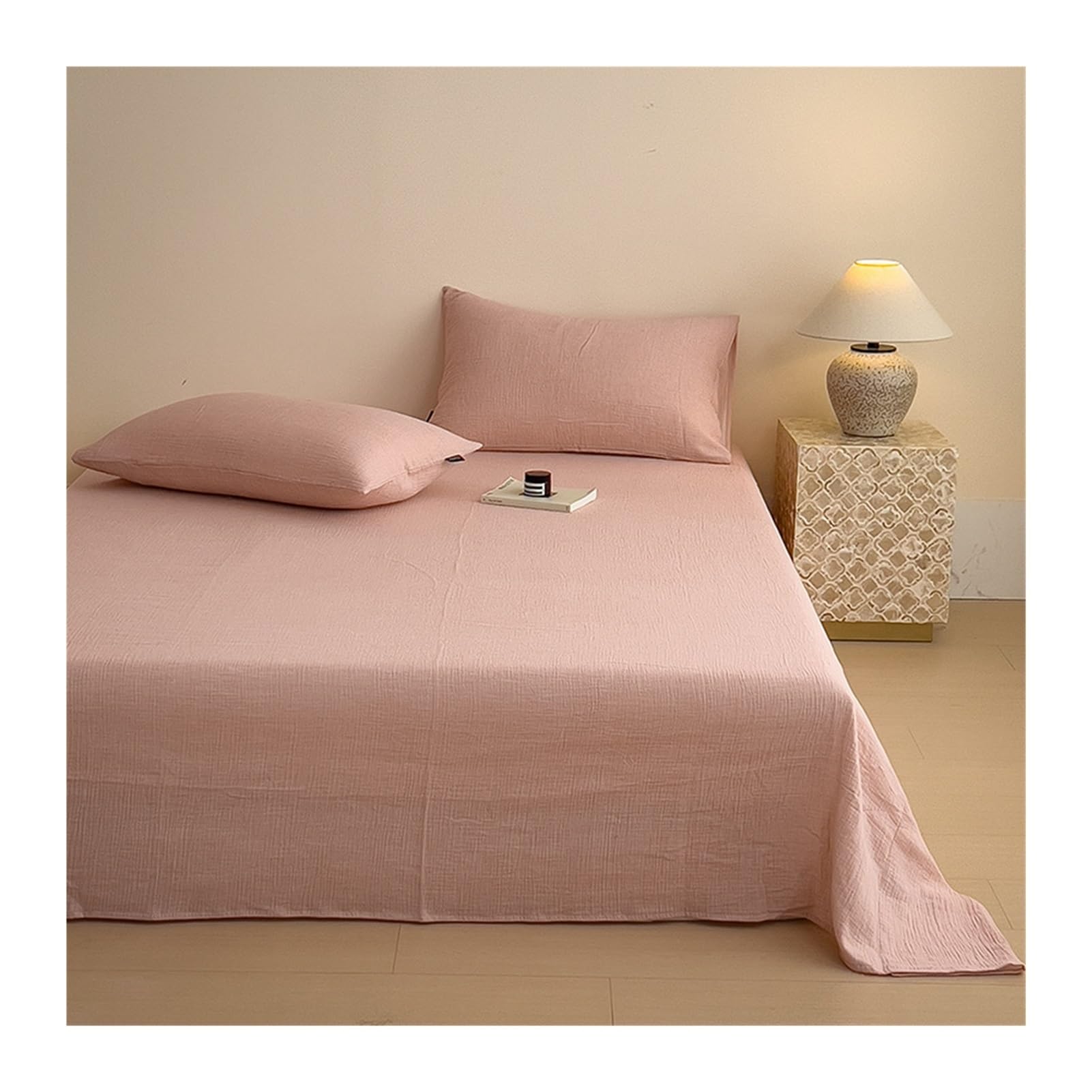Sabana encimera Cama 90cm a 200cm 160x230cm a 250x270cm de Gasa Arrugada de algodón Clase A sábana Plana súper Suaves Transpirable(Pink,160x230cm+48x74cm x2)
