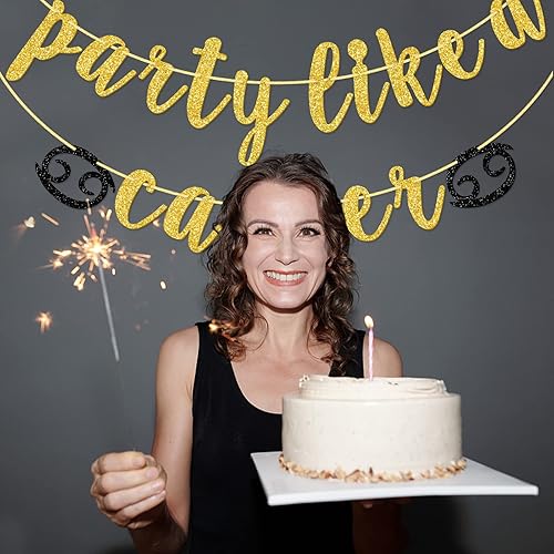 Miniatura 5 de Cartel de fiesta como un cáncer, decoraciones de fiesta de cumpleaños del zodiaco, junio y julio, pancarta dorada con purpurina preencordada hecha a
