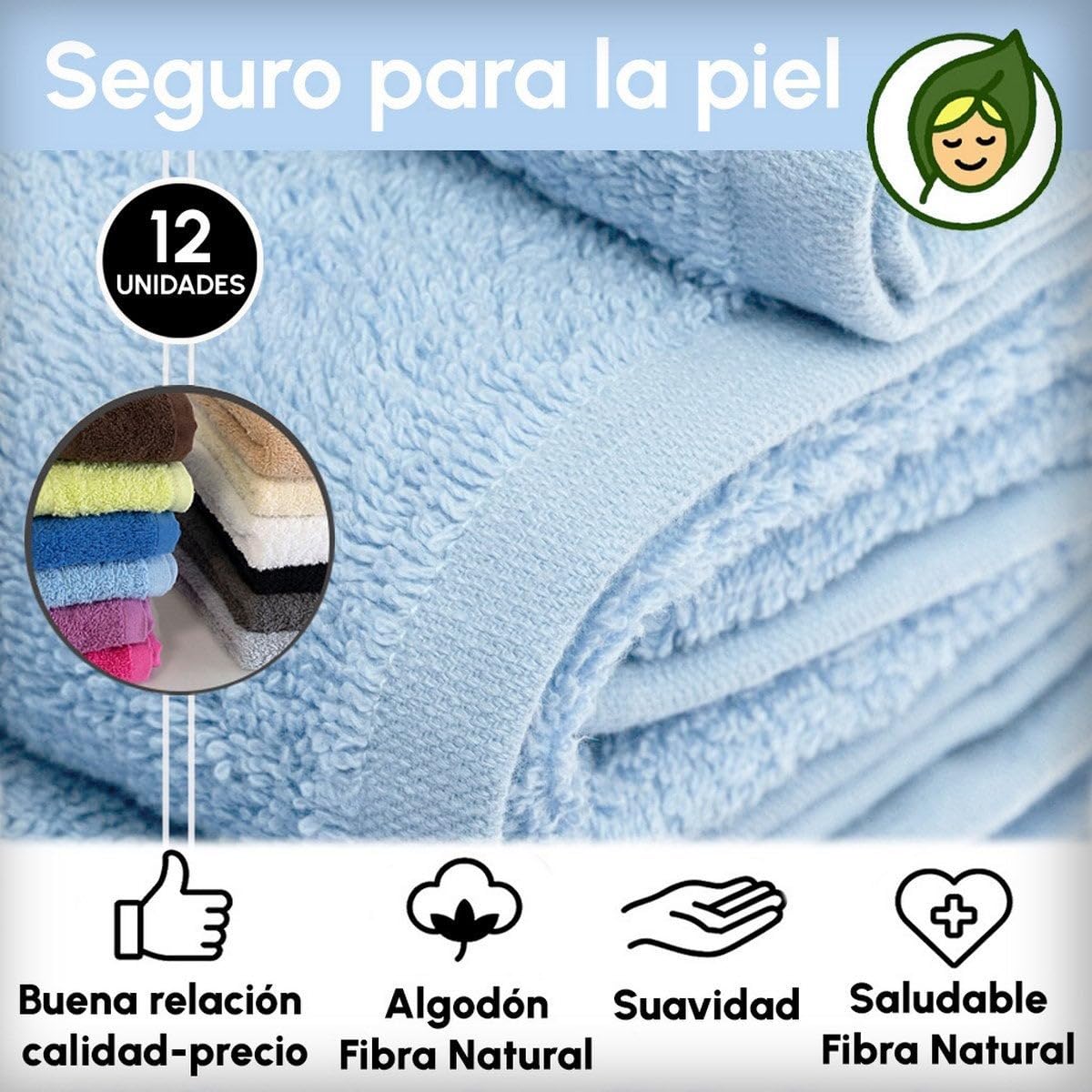 Juego de 12 Toallas de Mano Color Azul 100% algodón Rizo de 100x50 cm | Tejido suave de gran gramaje con alta absorción. Aptas para lavadora, de uso diario.