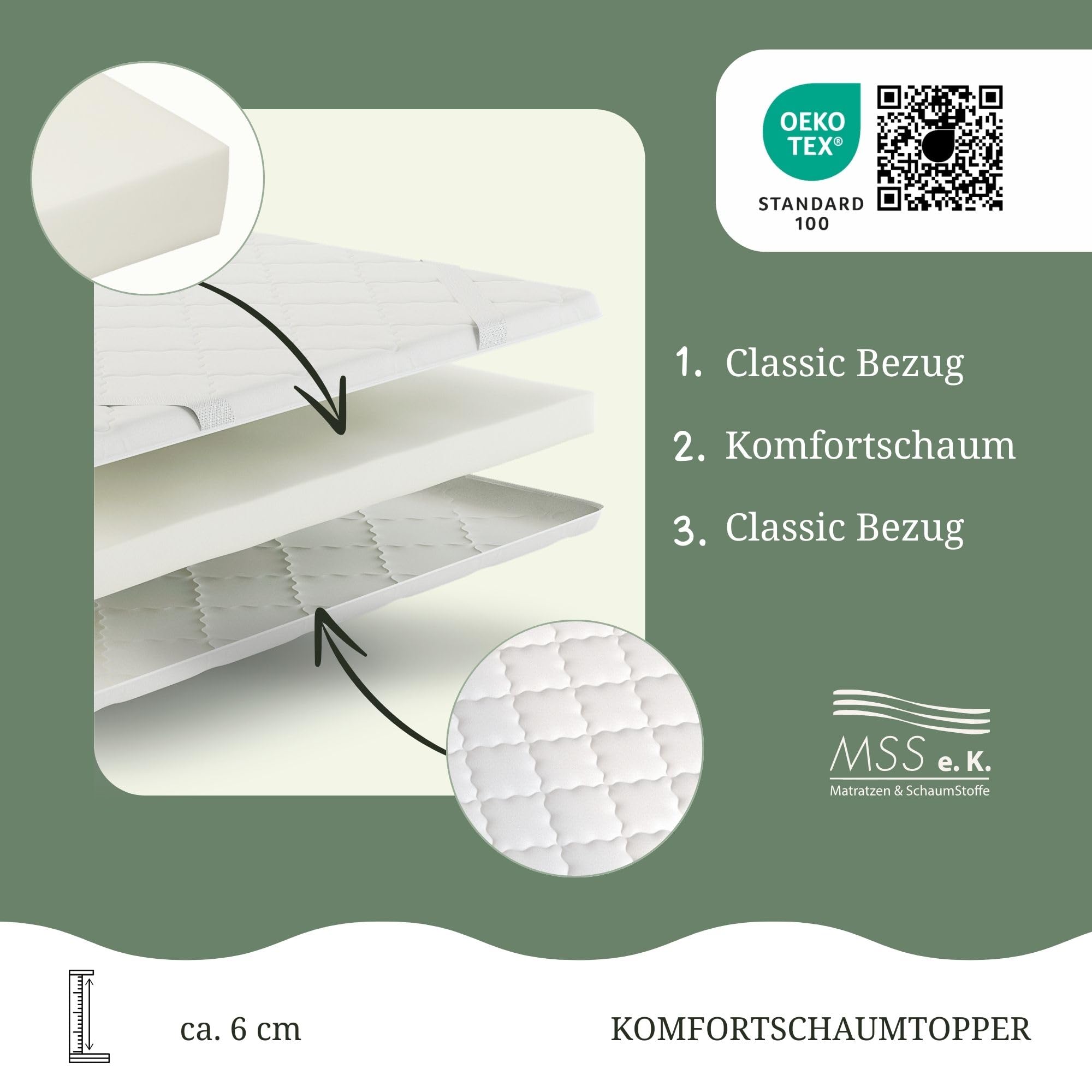 MSS e.K. Relax Komfortschaumtopper 200 x 90 x 6 cm Matratzentopper mit atmungsaktivem Bezug für Schlafkomfort Oeko-TEX Zertifiziert Made in Germany