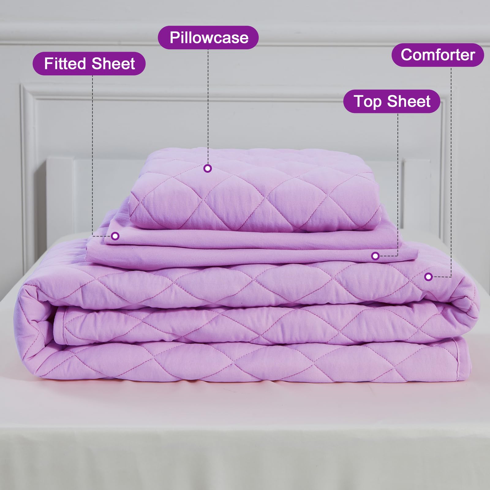 Juego de ropa de cama morado para niñas, juego de cama de 4 piezas para niñas, juego de edredón de color sólido con edredón ligero, sábana encimera, sábana bajera y funda de almohada