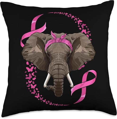 Cute Breast Cancer Awareness Animals Almohada de elefante para concientización del cáncer de mama, color rosa, 18 x 18 pulgadas, multicolor