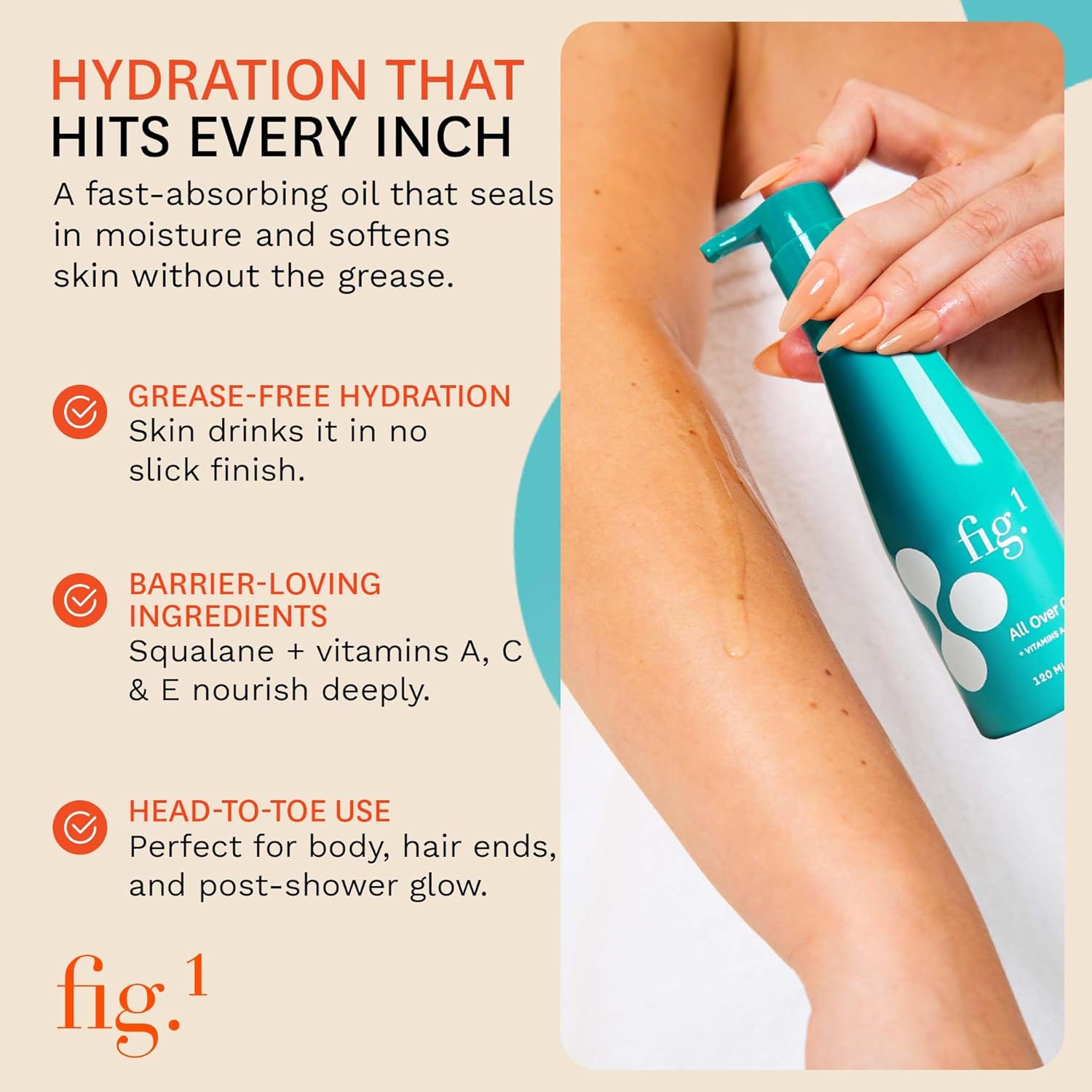 Fig.1 All Over Oil - Lightweight Hydrating Body-Oil for After Shower Glow | Non-Greasy with Vitamins A, C & E | Moisturizing Skin Oil for Face & Body | Vegan, Refillable Pump | 120ml - Image 6