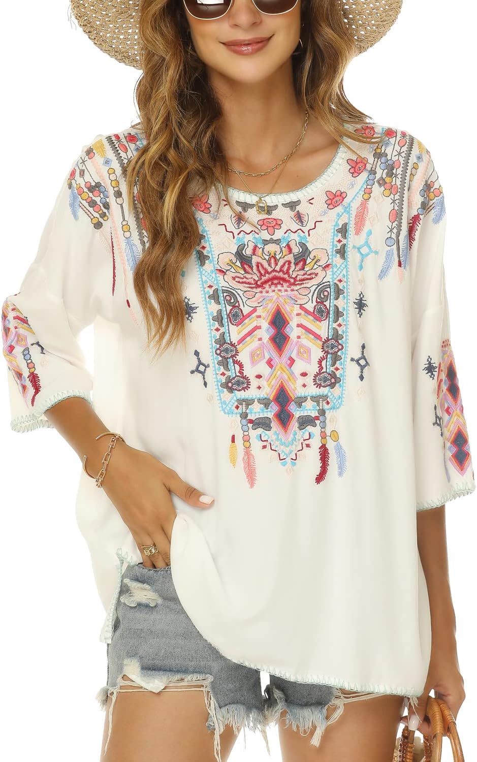 LauraKlein Women Mexican Embroidered Shirt for Women Bohemian Style Top Blouse 3/4 Sleeve Summer Casual Tunics - Image 3