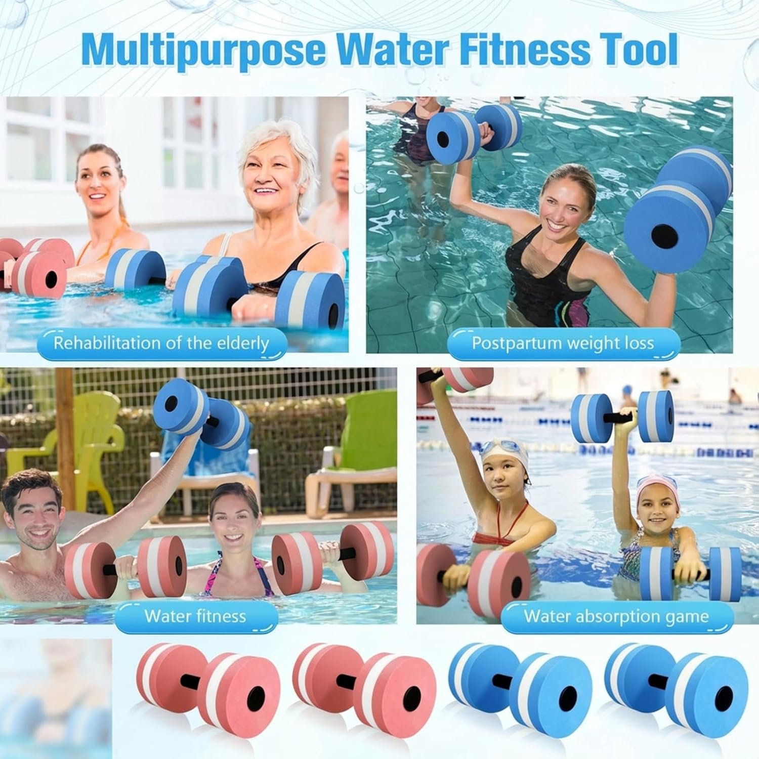 4 Pcs Water Weights Aquatic Exercise Dumbbells for Pool Water Dumbbell Set EVA Foam Pool Weights Dumbbells Resistance Water Aerobics Weight Fitness Barbells Equipment