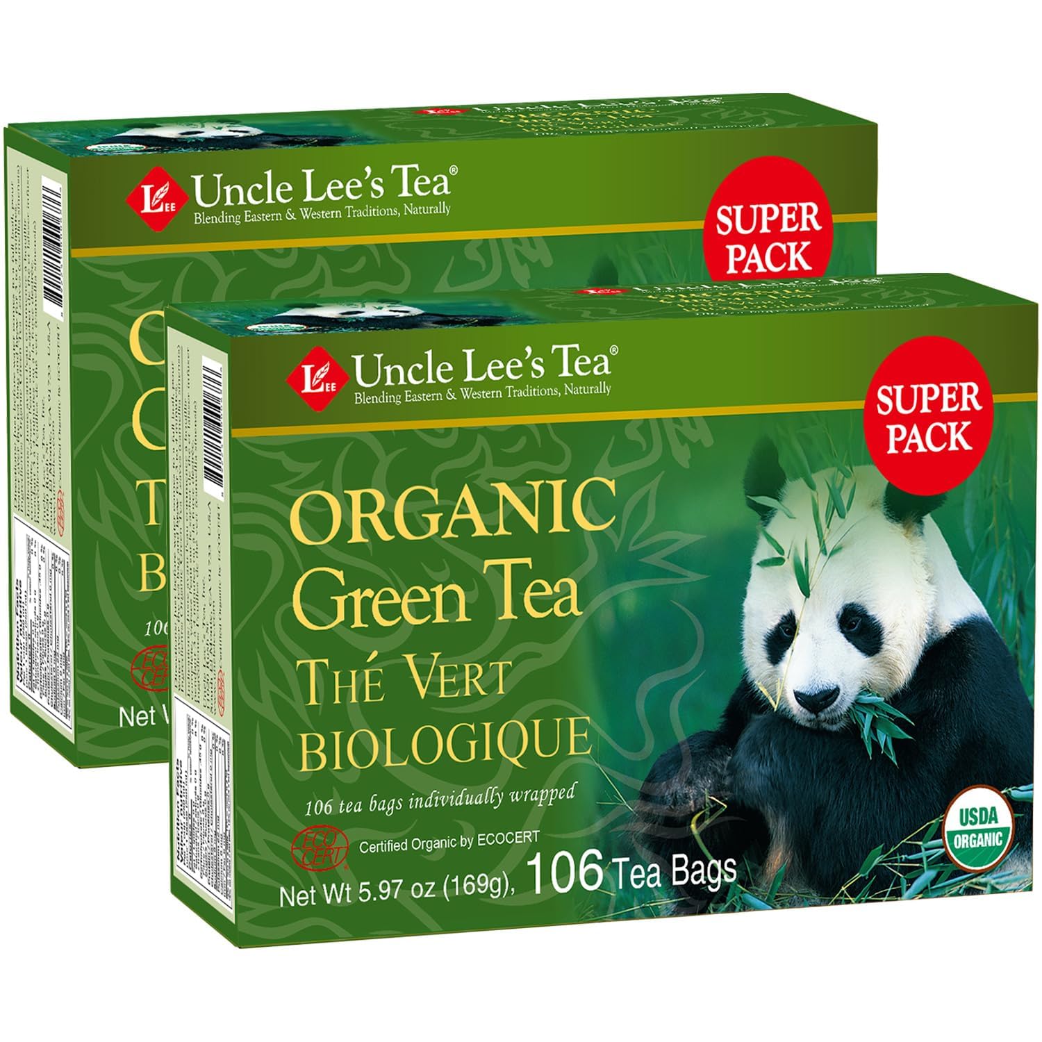 Uncle Lee's Tea Organic Green , 100% Natural Premium Green Bags, Fresh Flavor, Help Maintain Weight Loss, Enjoy with Honey, Hot or Iced Beverages, Pack of 2-100 Bags per Box