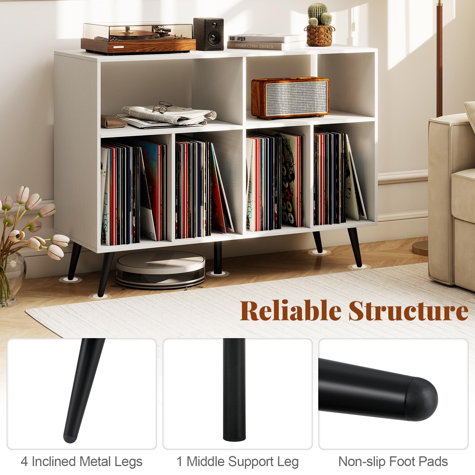 FANTASK Plattenspielerschrank mit 3-stufigem Vinylregal, Plattenspielerständer mit Aufbewahrungsfächern für Schallplatten, Retro Vinyl-Aufbewahrungstisch für Wohnzimmer & Musikzimmer Weiß