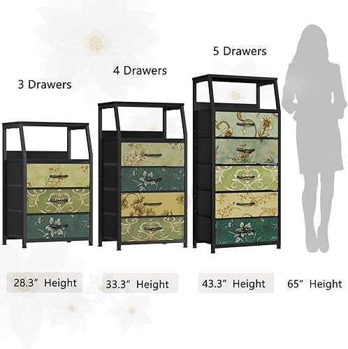 Miniatura 8 de Furnulem Retro Night Stand with 3 Drawers and 2-Tier Shelf, Small Nightstand Side Table, Vintage Storage Dresser for Bedroom, Fabric Drawer