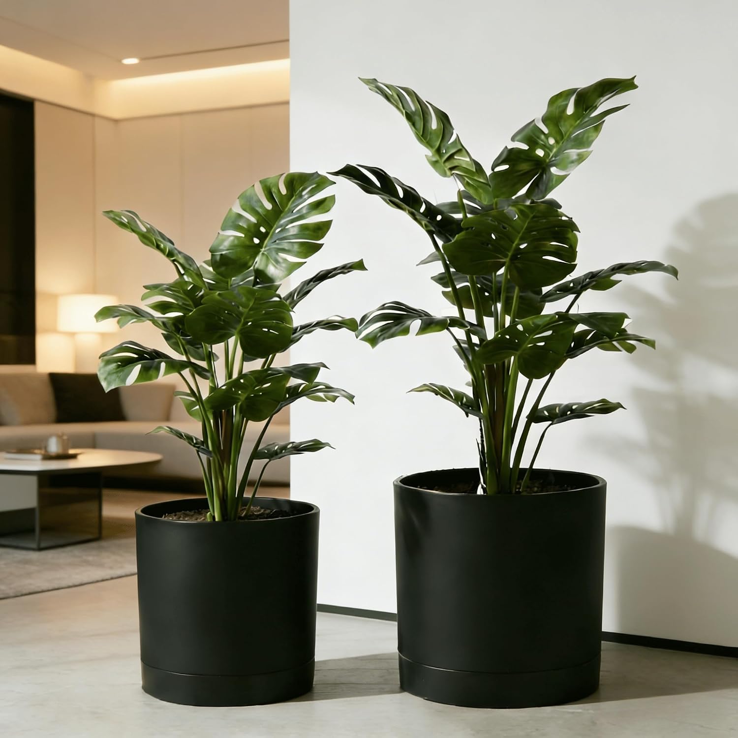GreenShip Set of 2 Indoor Plant pots, Cylinder Planters with Drainage Hole and Planter Saucer, Jun Porcelain Clay & Recycled Resin, Decorate Home,Office & Outdoor,Black pots, 13.7in+11.8in
