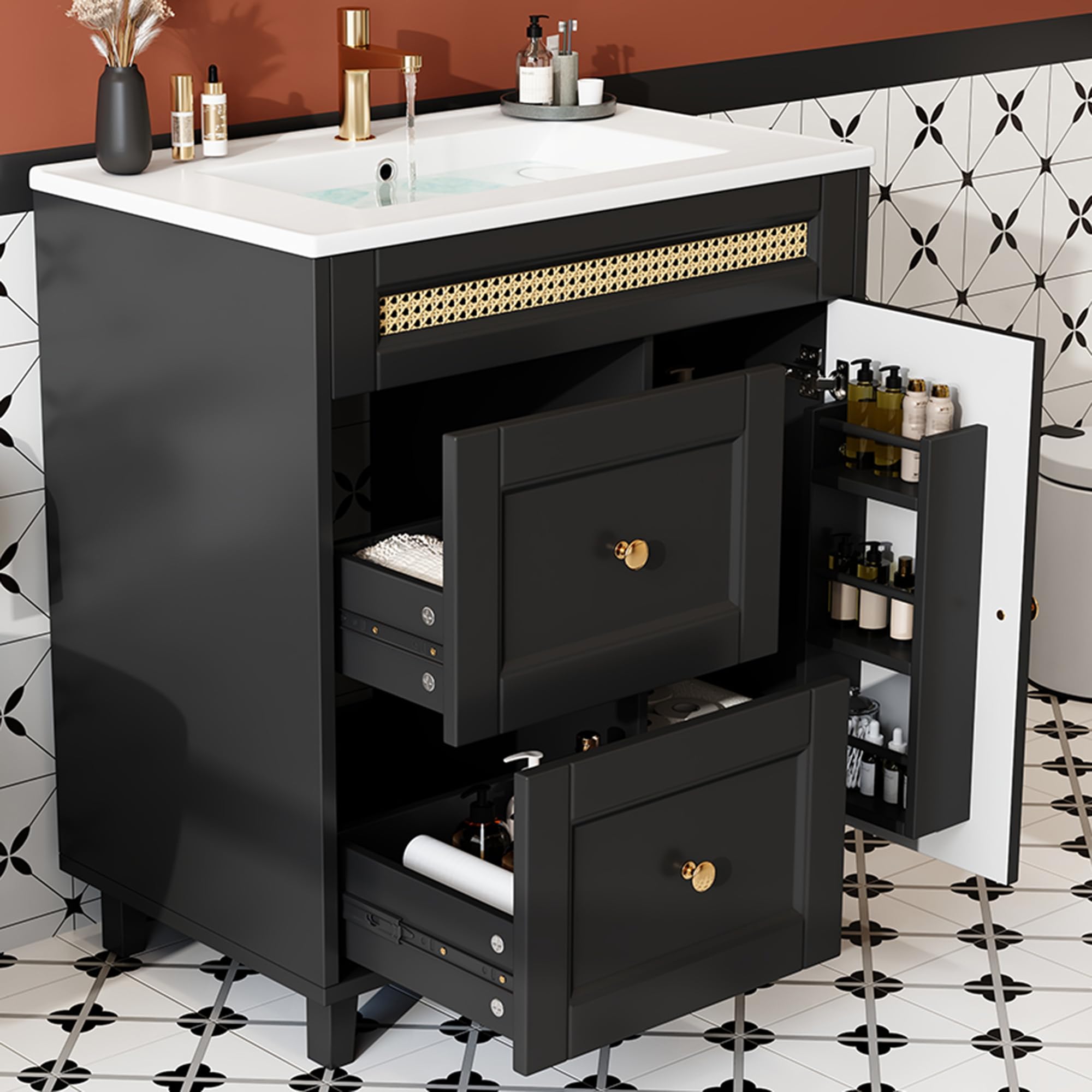 Tocador de baño independiente, rieles de cajones dobles silenciosos, puertas de armario con función de cierre suave, asas doradas y adornos de ratán, lavabo de cerámica, negro, 76 x 46 x 86,5 cm