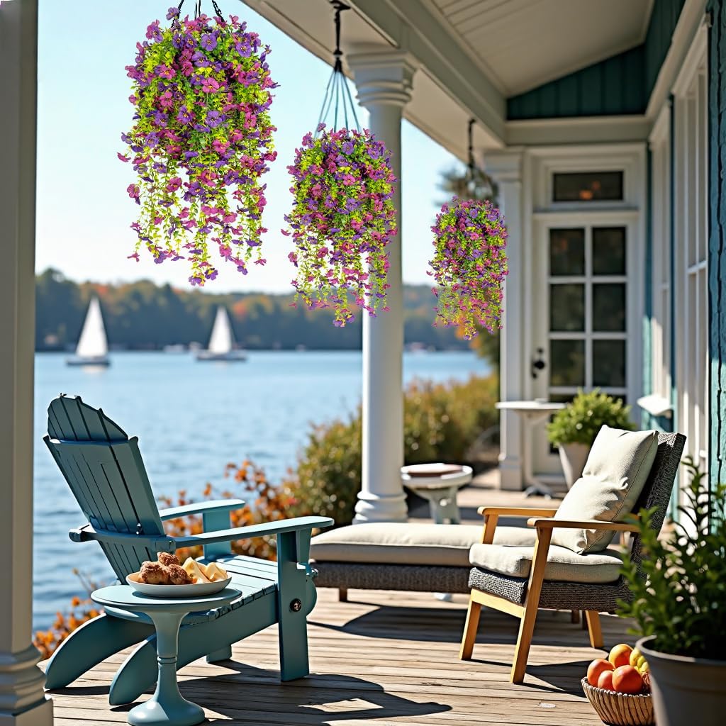 Artificial Fake Hanging Flowers Plants for Outdoors Spring Summer Decoration,6 PCS Realistic Faux Flowers Plants Silk UV Resistant for Outside Planter Garden Porch Patio Balcony Front(Double Purple) - Image 7