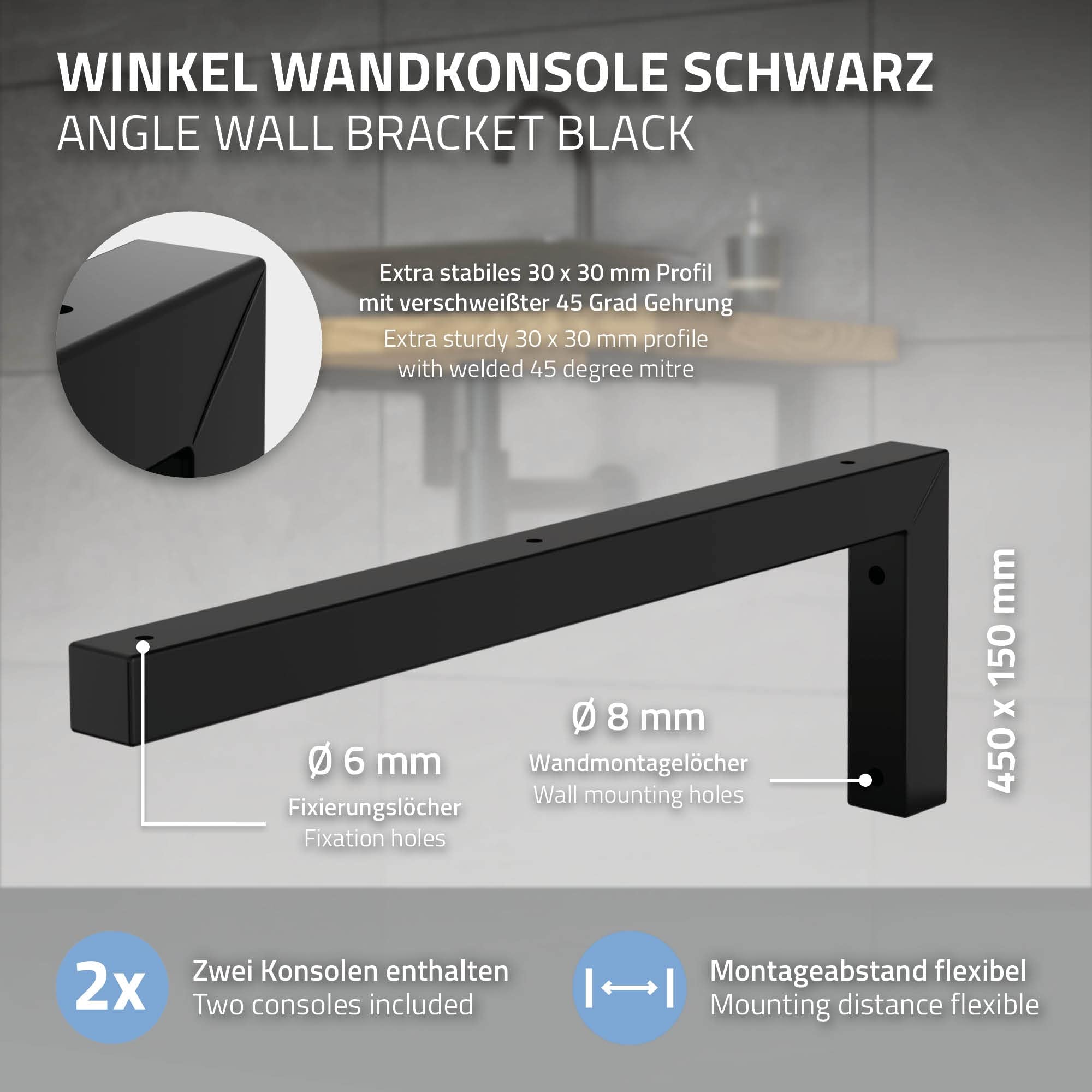 ML-Design Set di 2 Staffe a Muro Design ad L 450 x 150 mm in Acciaio Nero Supporti per Scaffali Aperti Mensole Telaio Lavabo Bagno Scrivania Mobili Reggimensola da Parete incl. Materiale di Montaggio